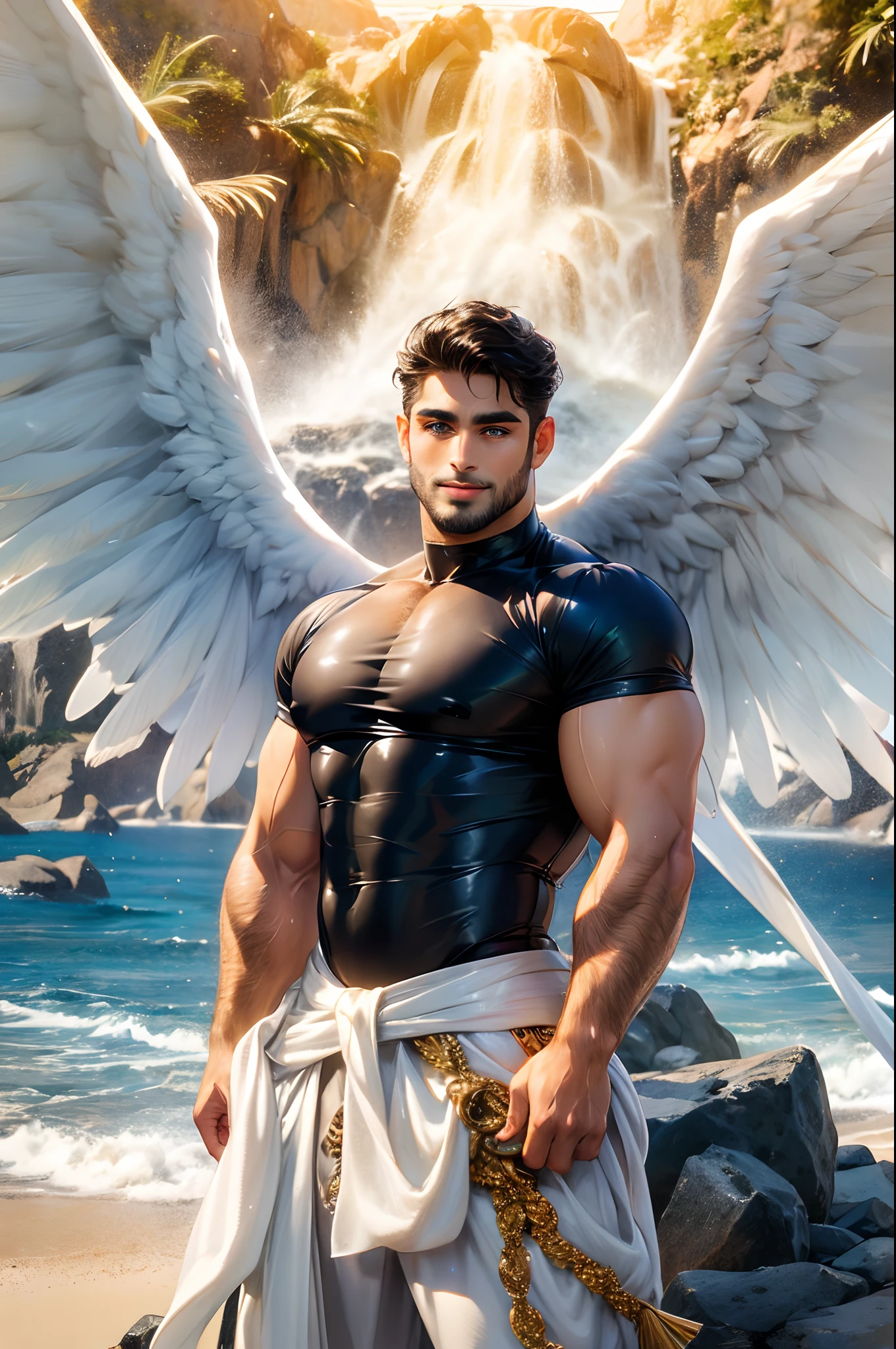 A young flying angel looking to the right side with his right hand extended upwards towards something bright, perna esquerda levemente dobrada e a perna direita estendida, grandes asas brancas, corpo definido, sem roupa, only in the loincloth, deus grego, corpo inteiro