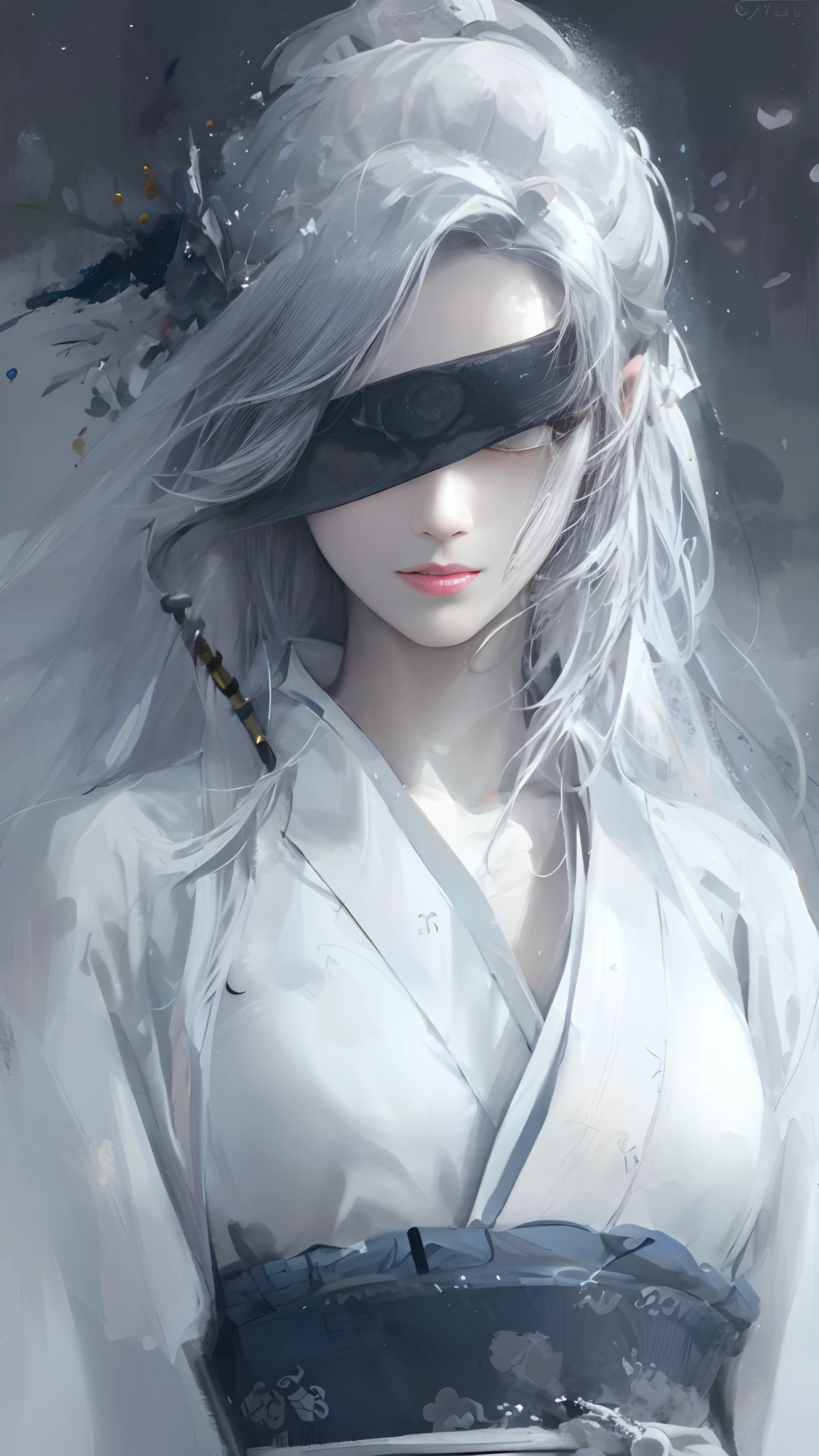 Close-up of a woman with white hair and white mask, beautiful figure painting, Guviz, Guvitz style artwork, white-haired god, Yang J, epic exquisite character art, stunning character art, Fan Qi, Wu Jun Shifan, Gu Wiz in pixiv art station, red eyes, black dress