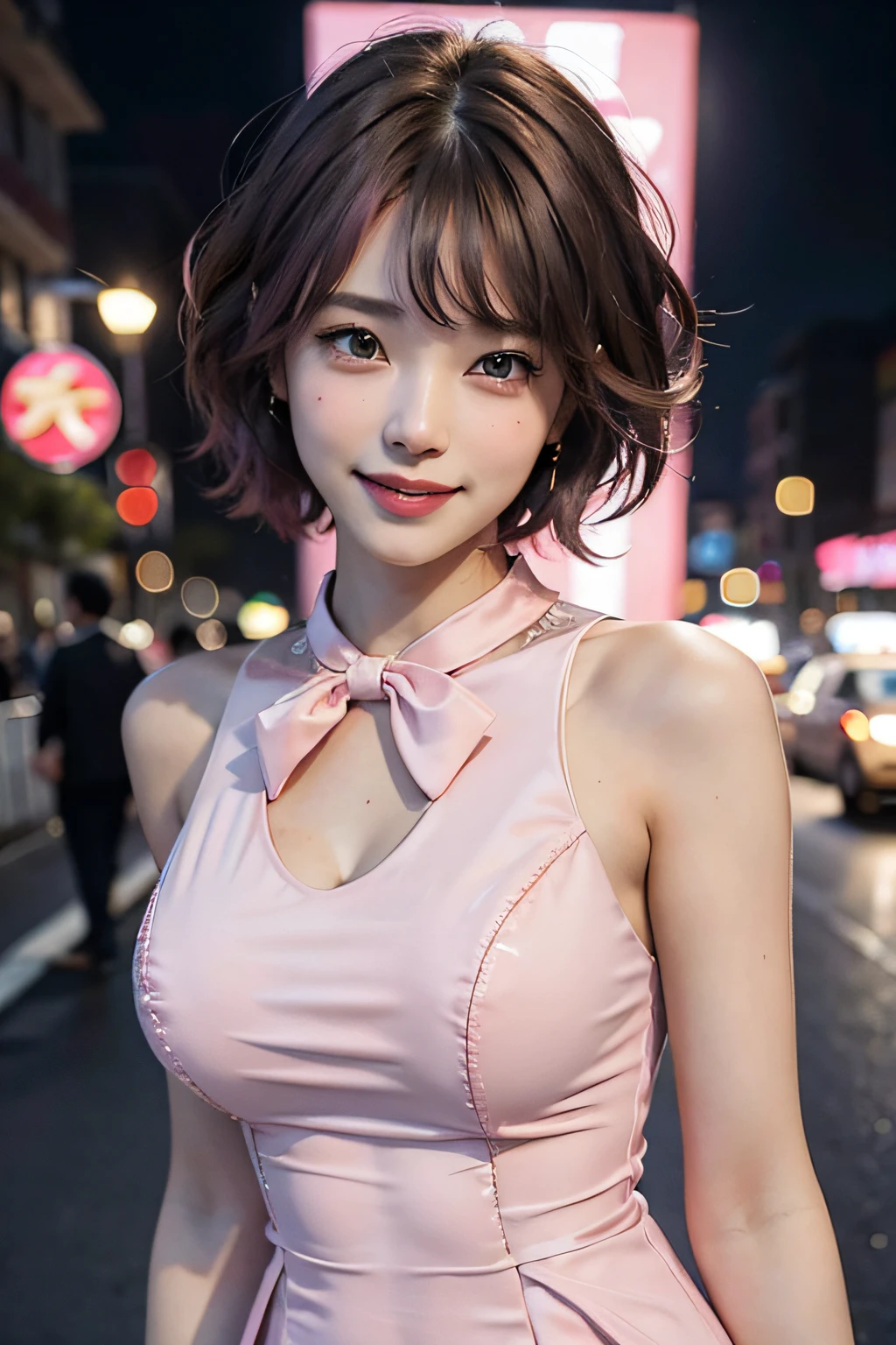 ((((short hair)))), ((((brown hair)))), best quality, 8K, HDR, highres, absurdres:1.2, blurry background, bokeh:1.2, Photography, (RAW photo:1.2), (photorealistic:1.4), (masterpiece:1.3), (intricate details:1.2), 1girl, solo, japanese girl, delicate, beautiful detailed, (detailed eyes), (detailed facial features), petite, beautiful and clear eyes, detail eye pupil, (((large breasts))), skin tight, (looking_at_viewer), from_front, (skinny), (best quality:1.4), (ultra highres:1.2), cinema light, (extreme detailed illustration), (lipgloss, best quality, ultra highres, depth of field, caustics, Broad lighting, natural shading, 85mm, f/1.4, ISO 200, 1/160s:0.75),1girl, solo, ((smile)), (((slim body))), (ulzzang-6500-v1.1:0.5), upper body, ((((pink formal dress:1.2)))), standing,(pureerosface_v1:0.5), Tokyo street,night, cityscape,city lights, close up,
