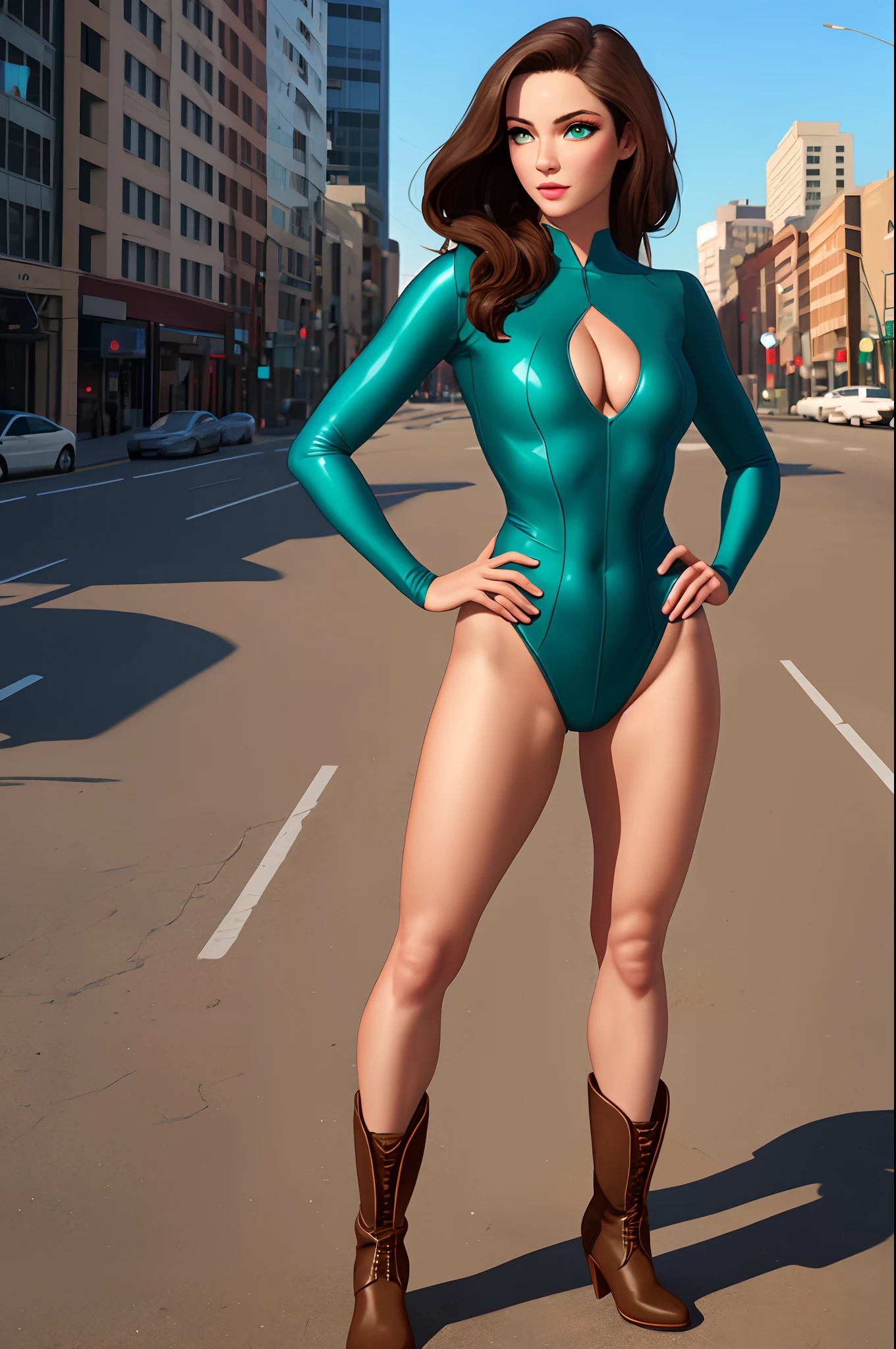 ((best quality)), ((masterpiece)), ((ultra realistic)), (dynamic sexy pose), american, beautiful detailed face, detailed eyes, sexy reporter, dressed in a blue and red leotard, city backdrop, highly detailed, professional, bare legs, full body, hands on hip, standing, brown hair, medium hair, green eyes, matching boots, long sleeves, yellow hawk-shaped crest on chest