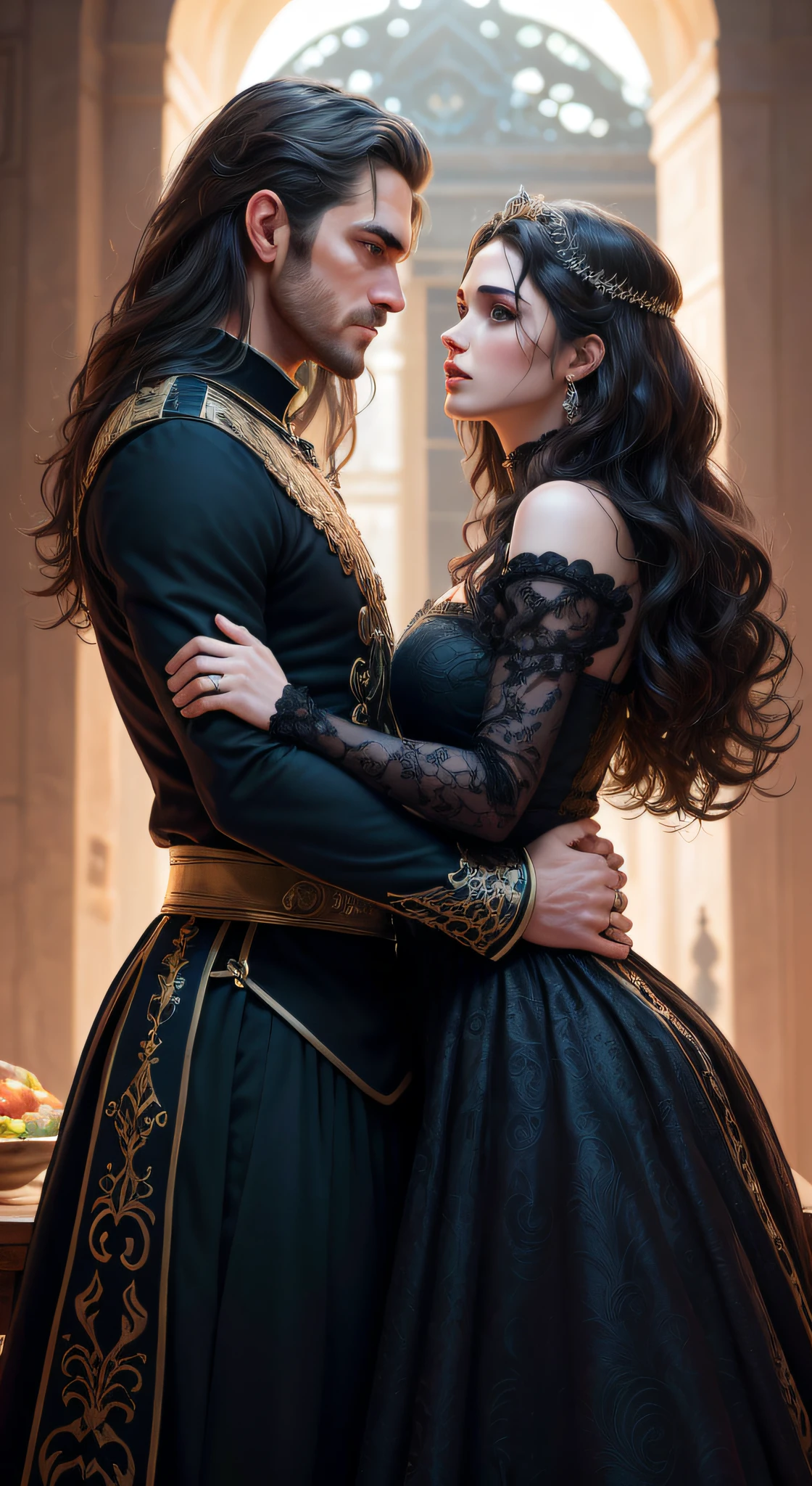 Young Beautiful Princess Bride (Black Hair Hour Glass Figure Jessica Green Adelaide Kane Molly Quinn Hyper Large Blue Eyes. BUFF TONED FIT Hyper MUSCULAR. . Hourglass Figure Large Bust Ultra-Realistic. ) And Prince Groom (Bearded Michael Seater) Smiling To Each Other Beautiful Church In The Background. Dickensian. Official Art Award Winning Digital Painting Digital Illustration Extreme Detail 4k Ultra Hd Rococo Polished Intricate Realistic Fantasy Art Sharp Focus Concept Art Art By Wlop Artgerm (2d Vector Illustration)