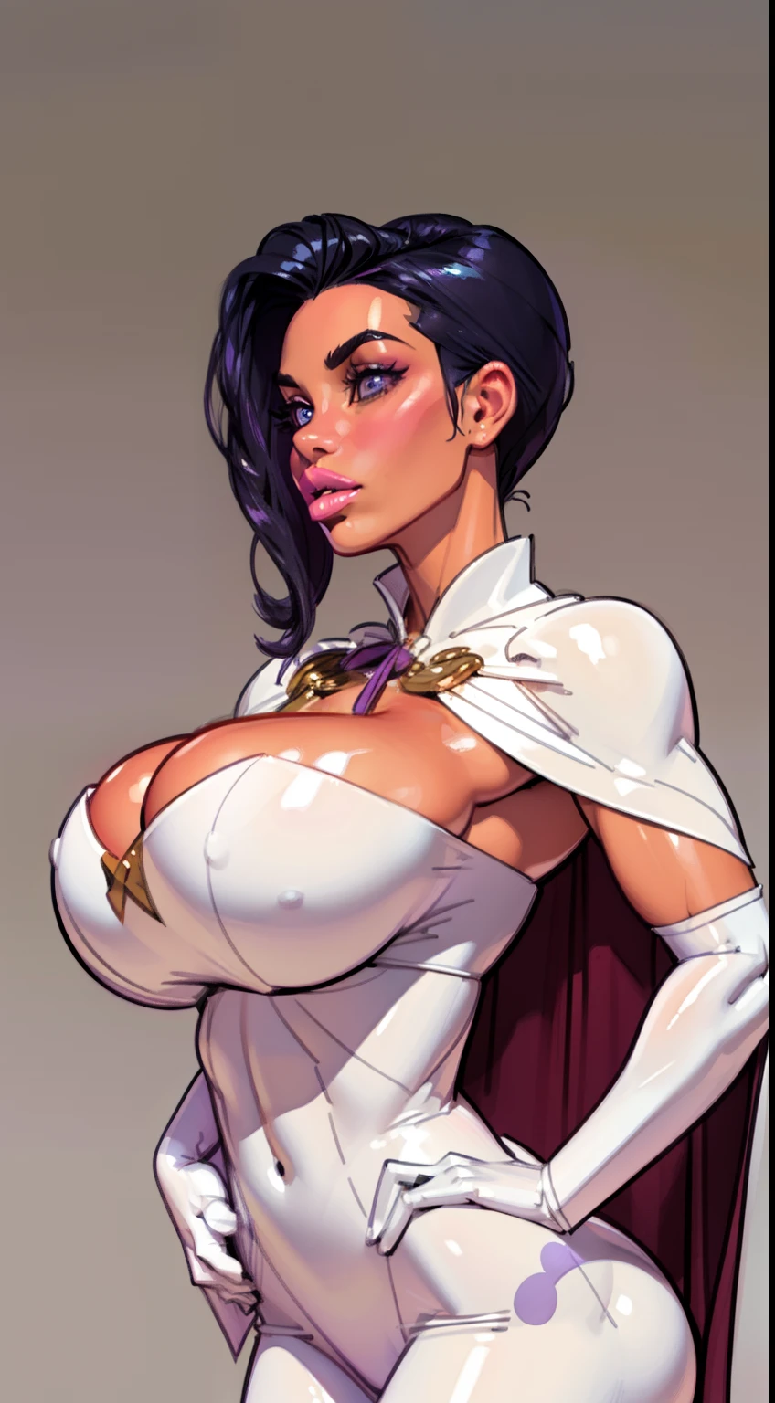 gsMiahair ribbon, cape, white gloves, long dress, purple trim, (puffy lips:1.4), (gigantic breasts:1.2), design sheet, front view, masterpiece, (slendered abs:1.2) ,detailed , shiny skin, beautiful lighting from the side