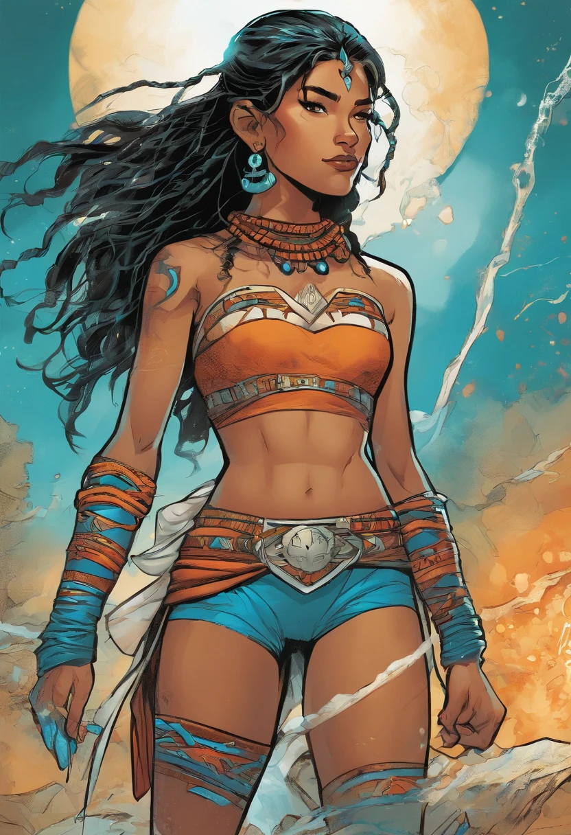 Female, very young teen who is a Native American Spiderman with Water based abilities and culturally Cherokee. Outfit is mainly blue, teal, and white with some orange accents.