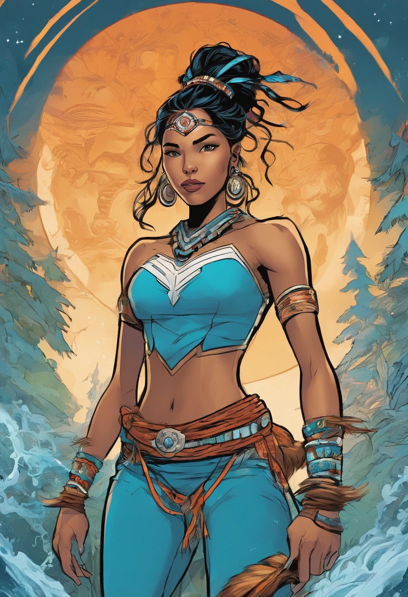 Female, very young teen who is a Native American Spiderman with Water based abilities and culturally Cherokee. Outfit is mainly blue, teal, and white with some orange accents.