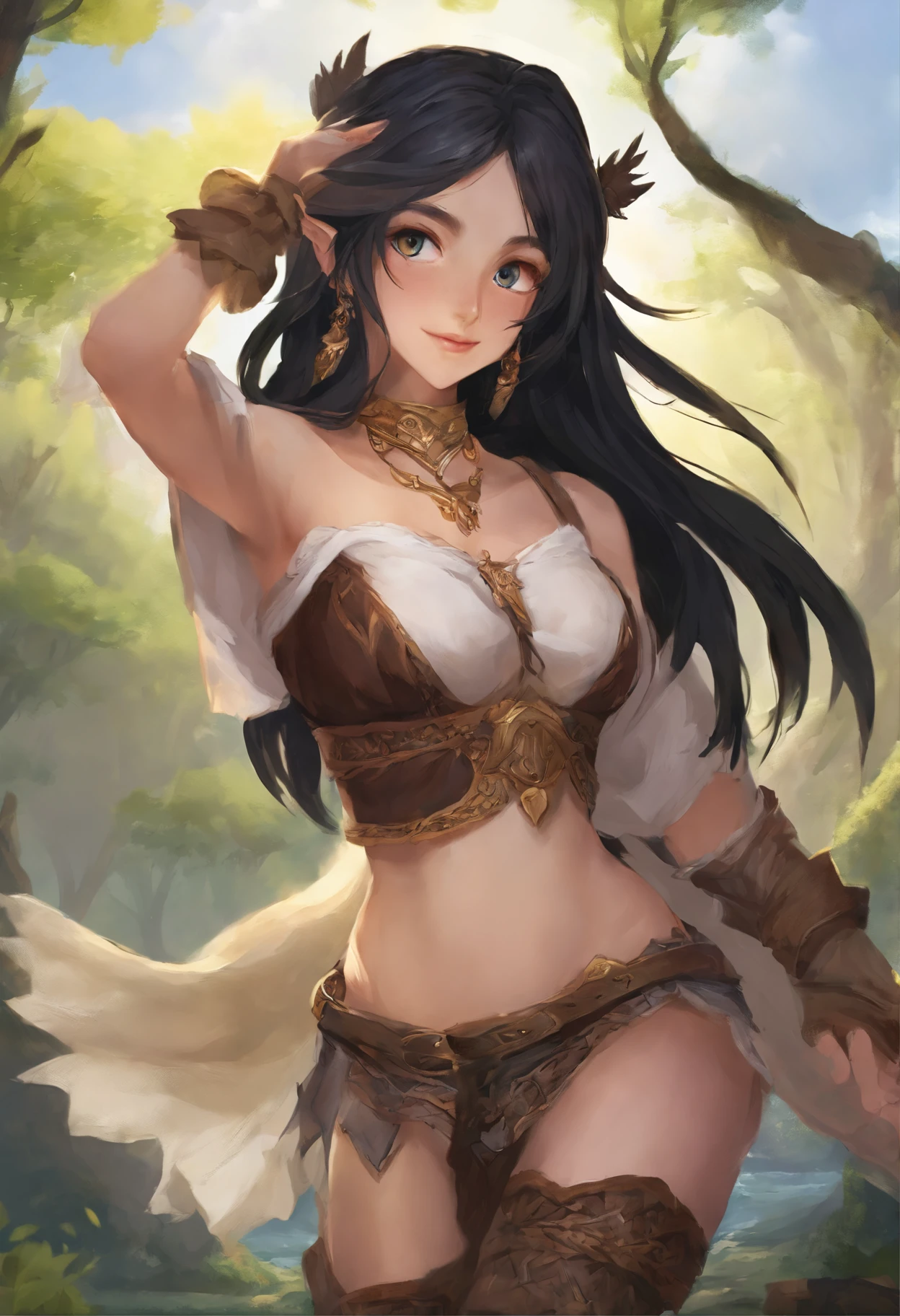 (Neanderthal tribe Elf), fur armor, loincloth, rings, female creature, prehistoric era, axe, looking at viewer,