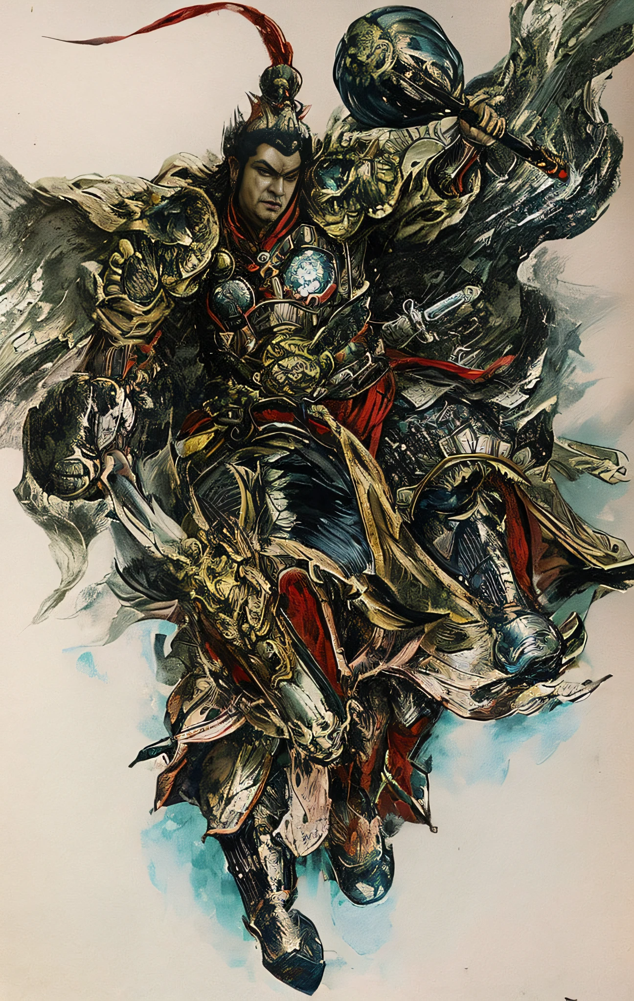 (looking down on the camera), (Unreal Engine 5), Realistic rendering, Excellent, (Full set of samurai armor), (Cuirassiers), (Cloak), Painting Han dynasty generals, Riding an armored war horse,Hold the copper hammer with both hands,Wear a red cape,Majestic and brave general,The feeling comes from Chen Danqing, The feeling comes from Shen Quan, Inspired by Hu Zaobin, inspired by Zhu Derun, inspired by Tawaraya Sōtatsu, ukiyo-style,inspired by Kawanabe Kyōsai, inspired by Kanō Hōgai, inspired by Kanō Sanraku, Inspired by Ryūkōsai Jokei