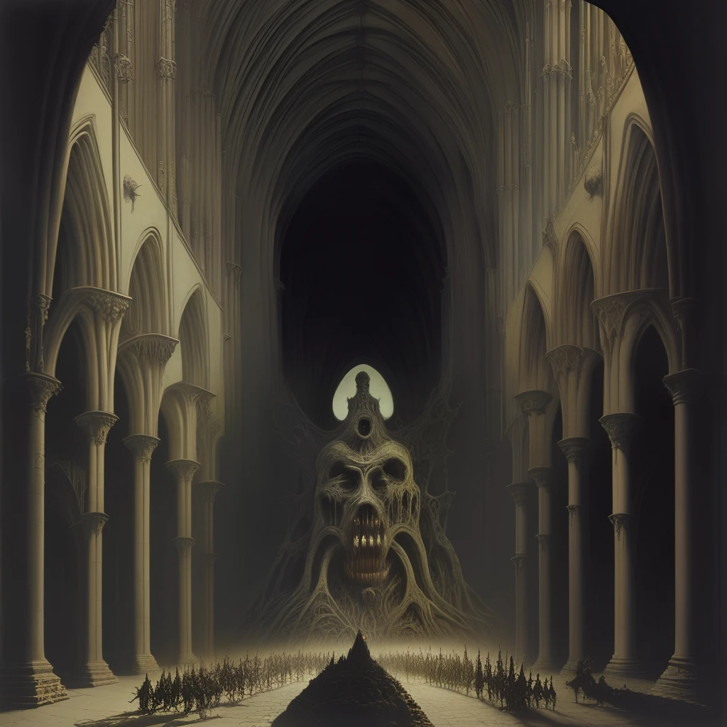 Zdzisław Beksiński Style painting of grotesque humanoid figures in a gothic cathedral highly detailed