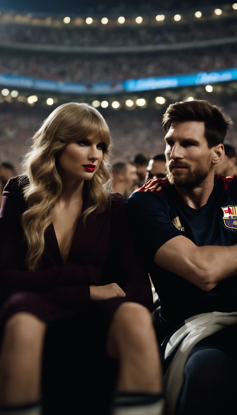 Taylor Alison Swift and Leonel Messi in the crowded football stadium sitting together in the stands