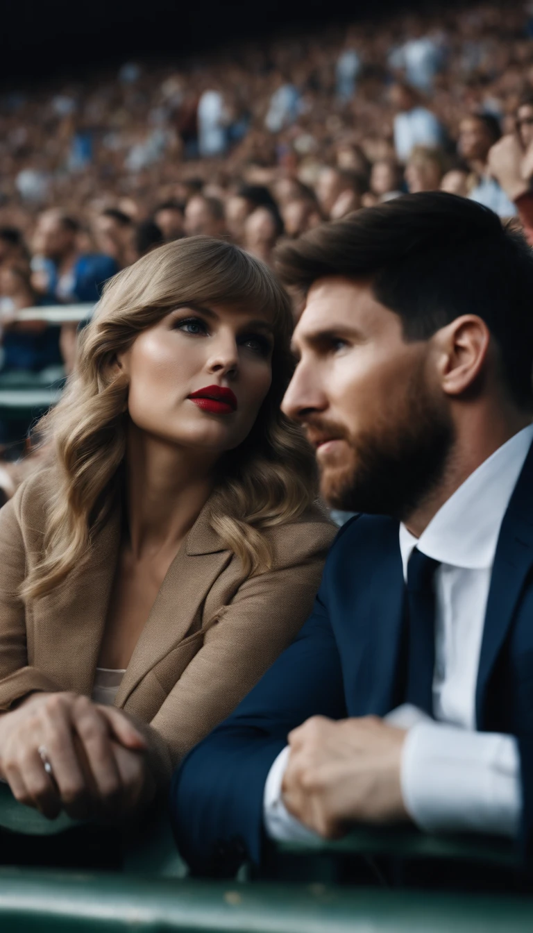 Taylor Alison Swift and Leonel Messi in the crowded football stadium sitting together in the stands