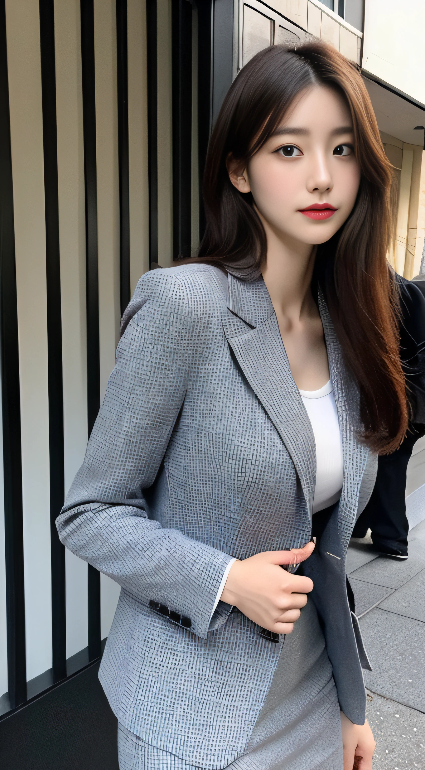 nsfw,Tabletop, 最high quality, Realistic, In detail, High resolution,Beautiful Japanese Woman,Beautiful attention to detail, Beautiful lip detail, Very detailed顔, Small Head, Small areola, Cinema Lighting, Realistic, 8k, high quality, Very detailed, look at me,View from the front,smile,(Short jacket in grey,Grey tight skirt:1.2),mini skirt,blackThong,(Mid-chest:1.2),,thin,Beautiful feet,Long table,Sit on a chair,From under the table,スカートが短くてI can see the thong,I can see the thong,(A good attitude:1.2), (Spread your legs:1.4),A male news anchor is sitting next to her.,One man