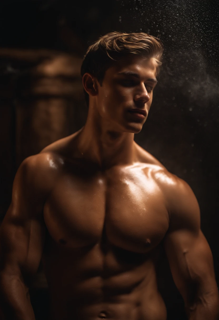 Envision a a striking young man with pearly skin, his finely chiseled muscles glistening, luxuriating in a sauna engulfed in steam. The atmosphere is tangible, with sweat droplets trickling down his brow, and a warm, humid ambiance that seems to pulsate. The image should be of 8K Full HD quality, ultra-realistic, and replete with details, as if captured in film grain.