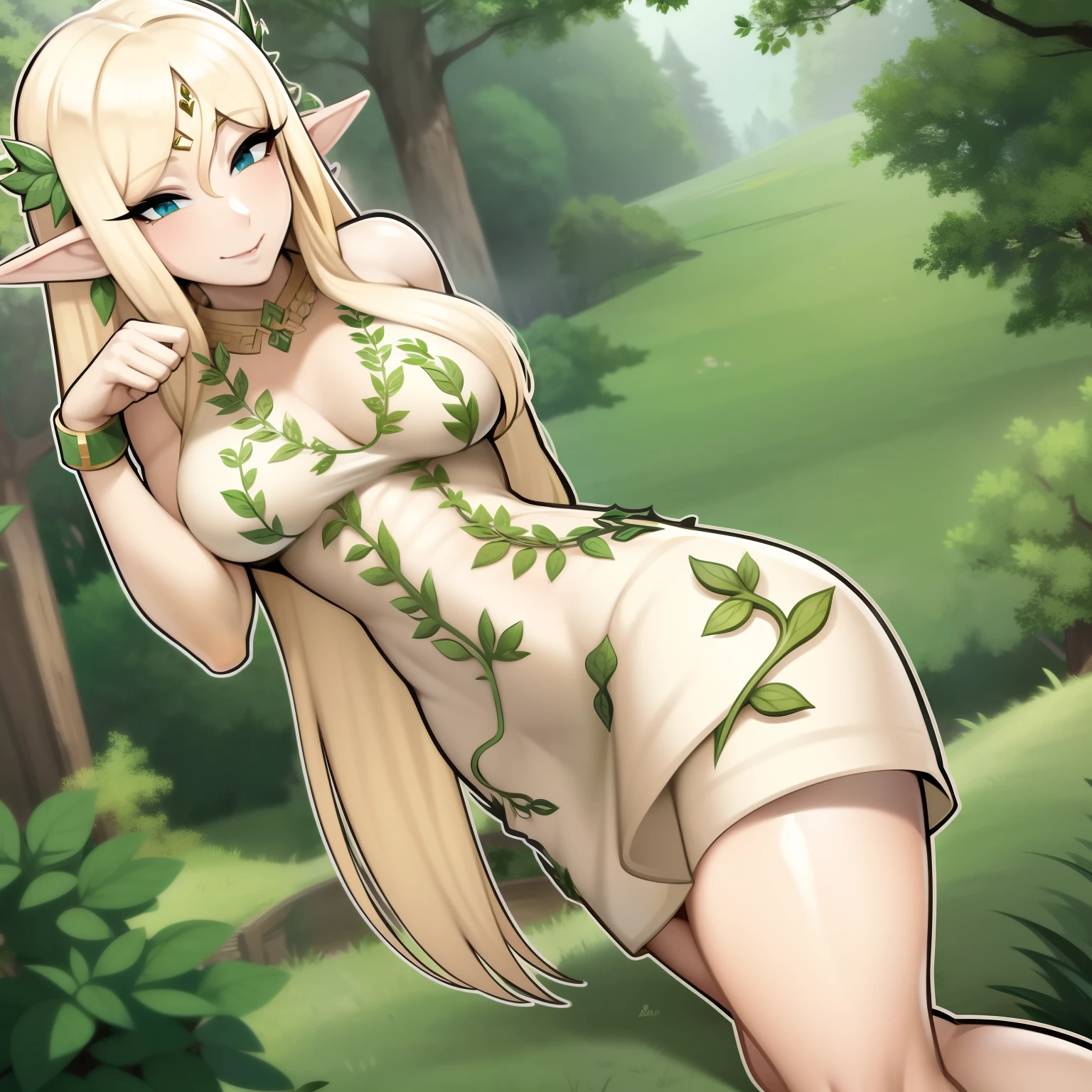 Solo girl, facing camera, long blonde hair, dresss, elf ears, outlined, goddess, in a Forrest, surrounded by nature