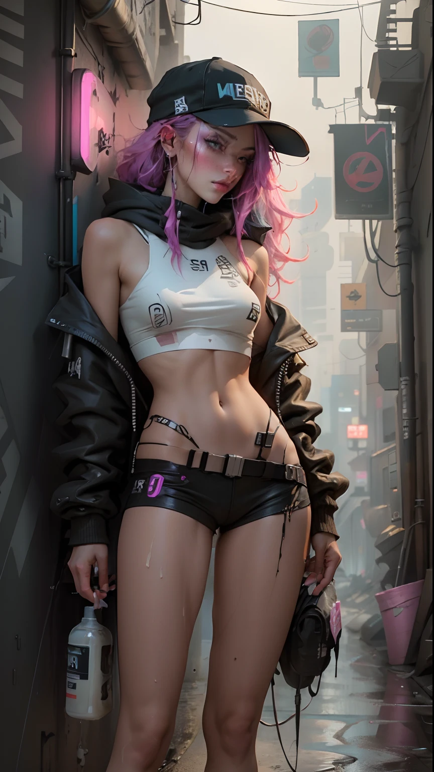 Beauty in the hair,wearing hat,Cyberpunk-inspired short outfits,Naked,Expose ,Lower body spray,Milk liquid,Lots of damp ones