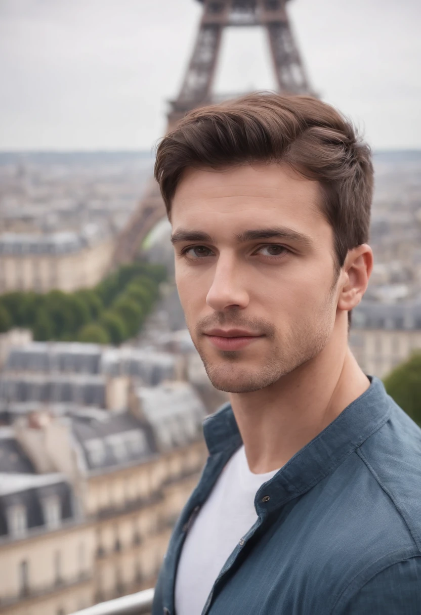 A masculine young man in his early 30s, dark brown hair , light hazel eyes, masculine energy, standing on a balcony with the Eifel tower in the distance