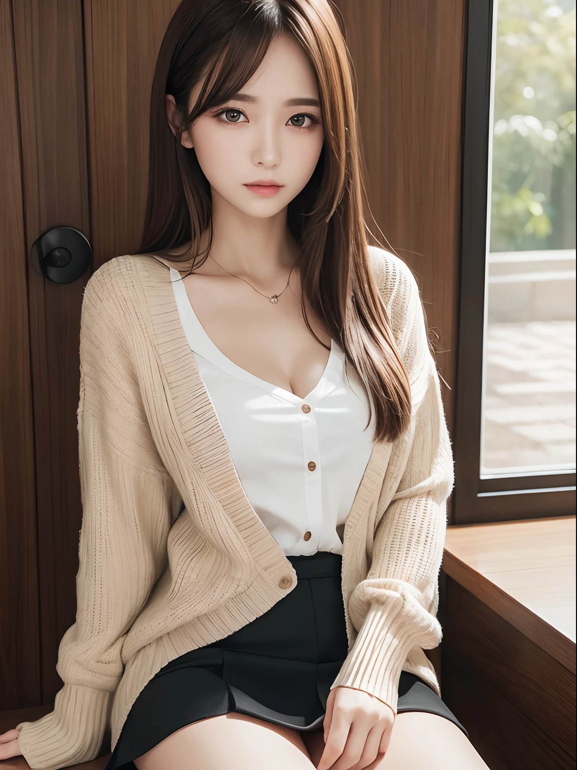 8K, Highest quality, masterpiece, Ultra-high resolution, (Realistic:1.4), whole body、RAW Photos, ((Long brown straight hair, See-through bangs))), Beautiful Details 1 Girl, (Realistic:1.4), High-resolution RAW color photos, Professional photos, Highly detailed eyes and face, Natural light, Facial details, White skin, Shiny skin, Tight waist, Small Ass, Thin legs,Natural Breasts, Nice body, 、Bookshelf、((White shirt、Navy blue 、cardigan、Wearing glasses))、Young round face、Sit with your legs spread wide、