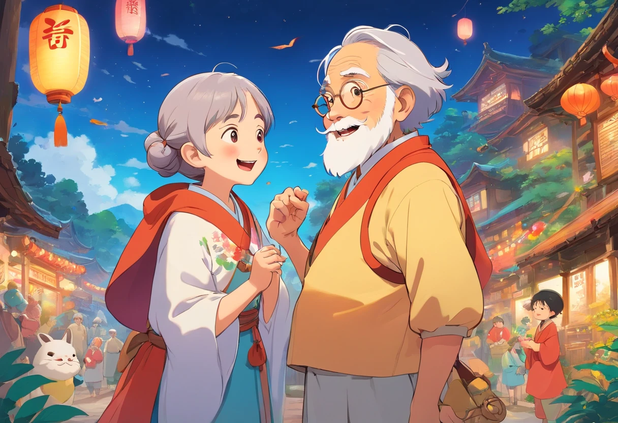 Chongyang Festival Respect for the Elderly，grampa，Grandmother。Daddy，Mom and child laugh together，Cartoon pictures Normal background, A beautiful artwork illustration, Colorful illustration, colorful kids book illustration, Colorful illustrations, archan nair, painting illustration, fairy-tale illustration style, editorial illustration colorful, colorful concept art, dreamlike illustration, Colorful!Character design, Wonderful illustrations, illustrated in whimsical style, Exquisite digital illustration