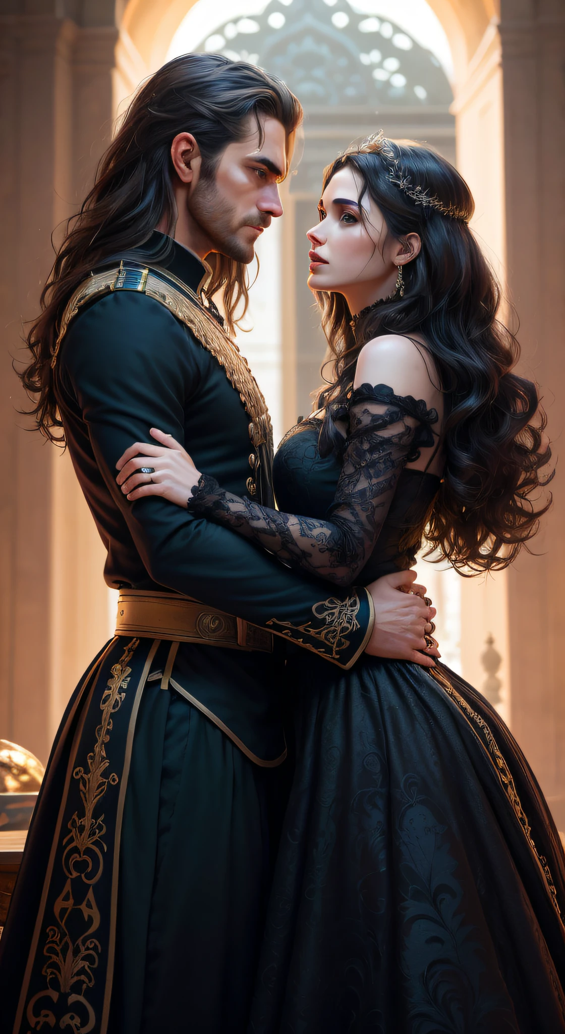 Casal de uma mulher e um Homem, Vista lateral, Hi-Def, ultradetalhe, European facial features, beautiful facial features, Model's facial features, Gal Gadot's physical appearance, Realeme Fentezi, pattern, retrato, olhar lateral, olhar apaixonado: jovem mulher de beleza estonteante e sexy, 36 anos, Cabelos Pretos Longos E Ondulados, olhos escuros, serious look, olhar penetrante, vestido preto medieval ultradetalhado, Gothic dress, beleza estonteante, Homem: com longos cabelos castanhos ondulados, stout physique, Homem forte, Jake Gyllenhaal's Physical Appearance Hugs a Woman, scenecy: vista lateral Enorme sala do trono com grandes janelas, vista lateral traseira: A man hugs a woman, Standing behind the pair of the throne (((Homem)), fotografia de moda, (Retrato completo), (metade), sozinho, Antecedentes detalhados, rosto detalhado, (stonepunkAI, tema pedra:1.1), Wise, (cabelo longo bonito), Bruxo, misterioso, (rosto lindo), atordoante, Head is tilted upwards, (calm expression on his face), calmo, intimate interaction. Roupas detalhadas medievais, textura de pele realista, Clear focus, low lighting, gothic scenario, Gothic style, Bons momentos, romantico, romantic pair, Sombras, espalhamento subsuperficial, complexo, altamente detalhado, ((Film)), Dramatic, (extremely high quality, Concedido, master part: 1.5), (Realismo: 1.5),