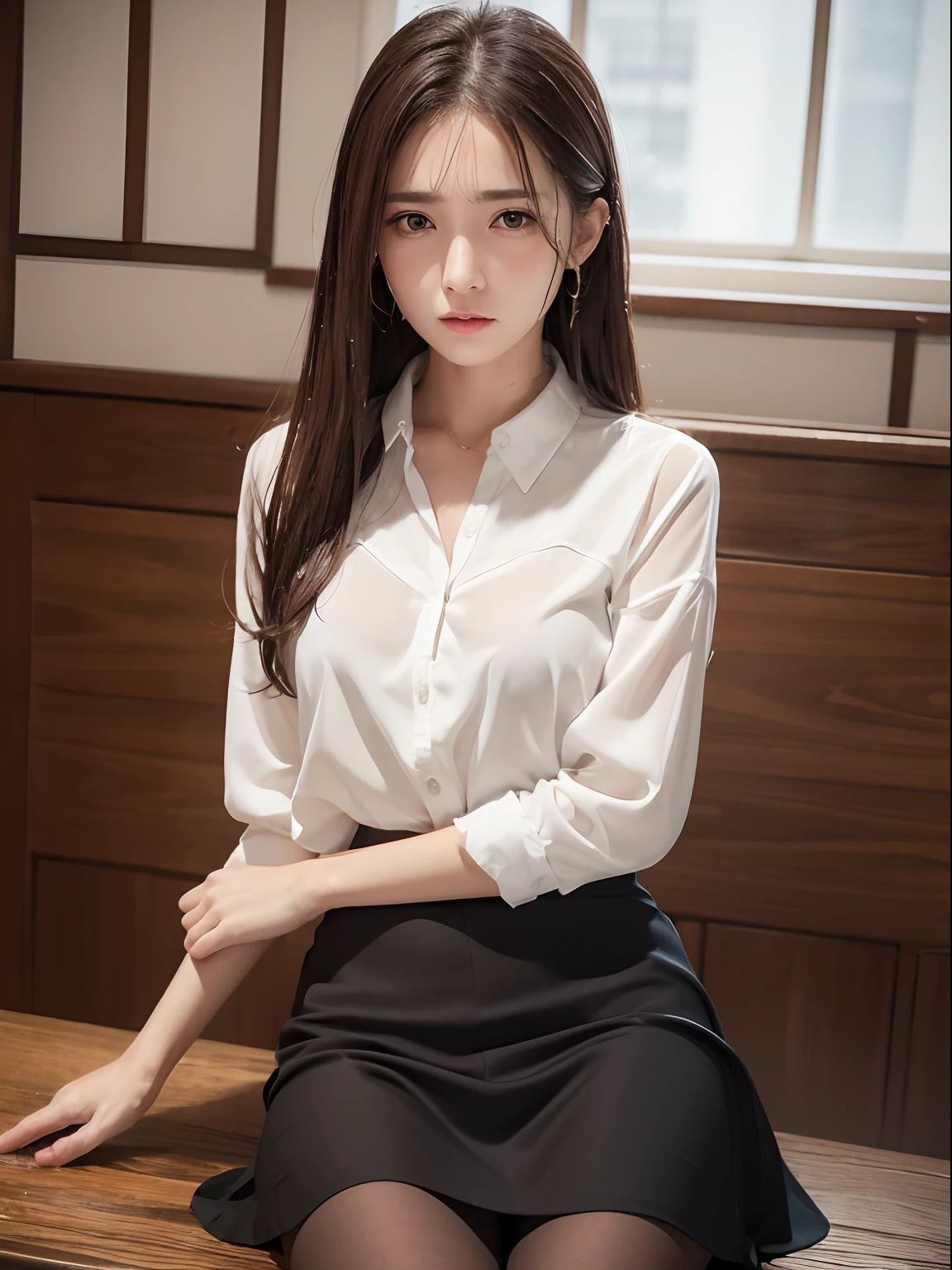 (((masterpiece))), (((best quality))), ((ultra-detailed)), (illustration), (detailed light),((an extremely delicate and beautiful)),(beautiful detailed eyes), BREAK 1girl, solo,(tareme:1.3),(droopy eyes:1.3),BREAK brown hair,straight hair, blouse,skirt, black pantyhose,sitting,beautiful thighs,BREAK ((sweat,embarrassed:1.3,wet skin,wet clothes:1.3))