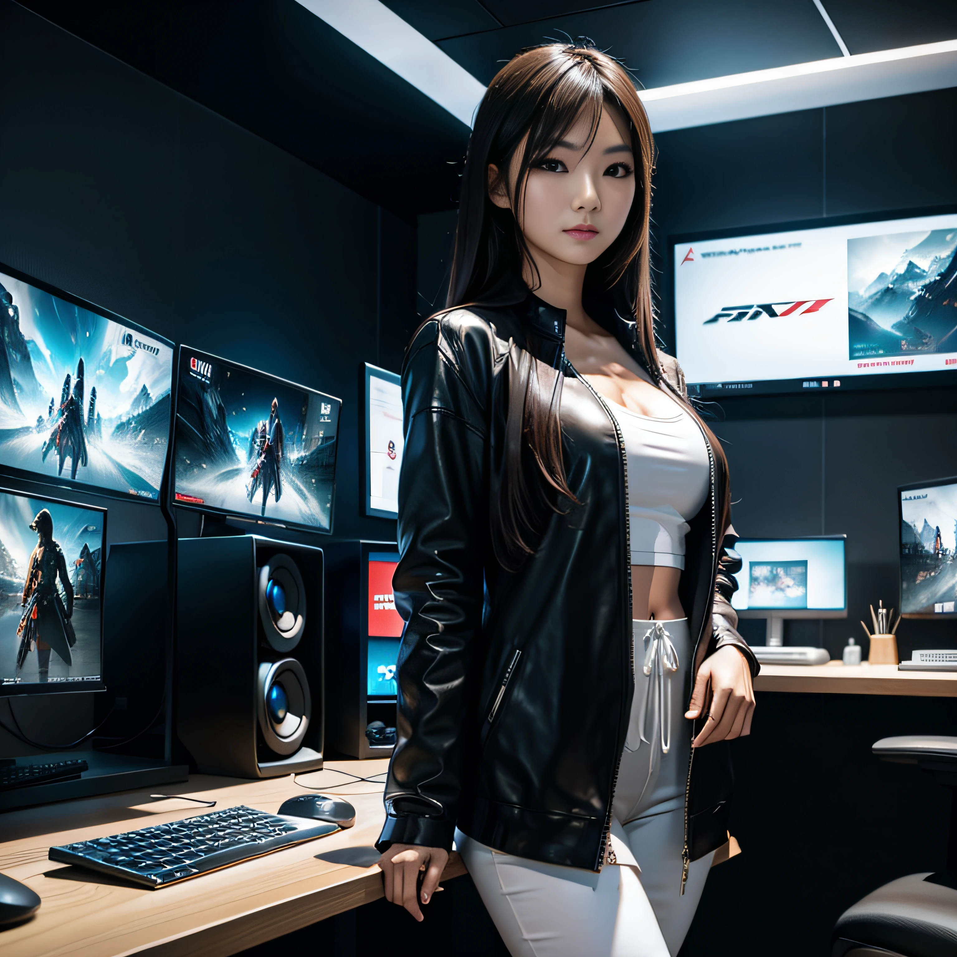 Create a beautiful Asian model standing next to a gaming desktop set