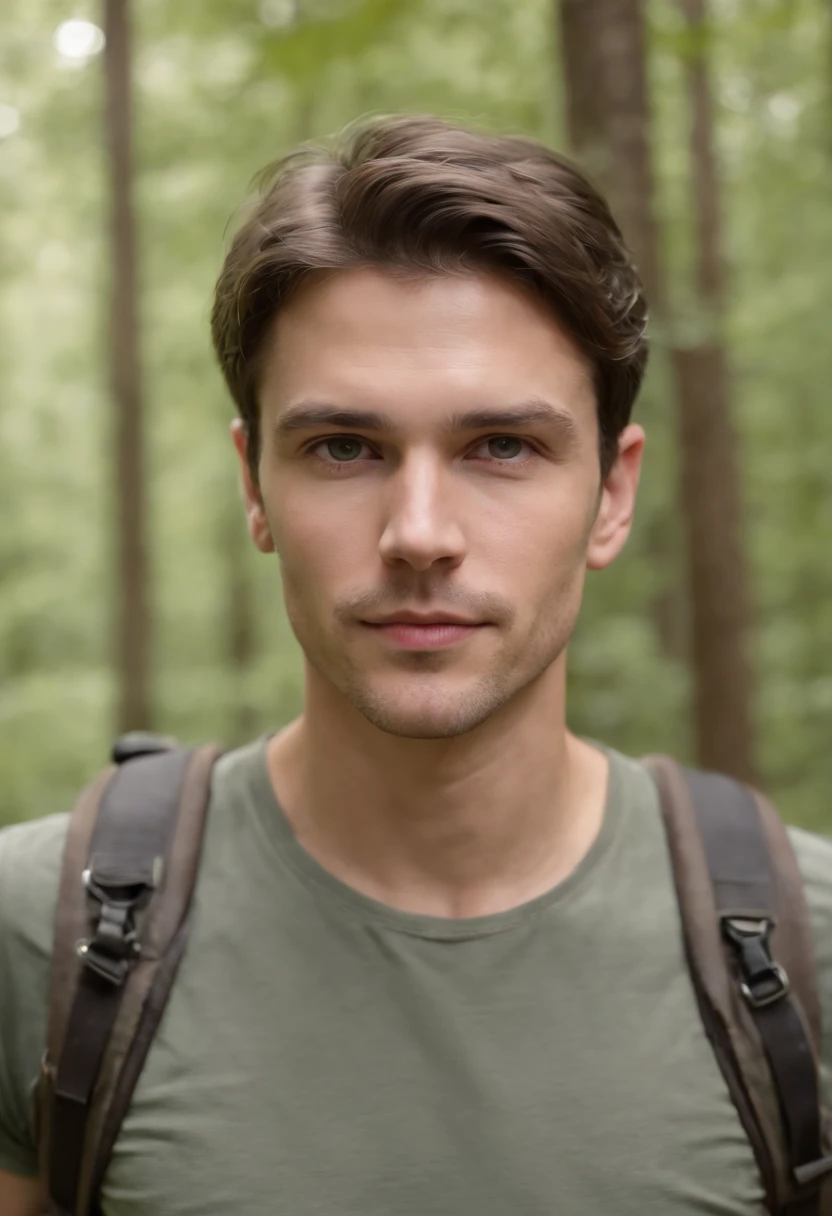 A masculine young man in his early 30s, dark brown hair , light hazel eyes, masculine energy, hiking