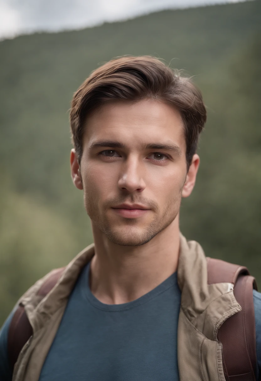 A masculine young man in his early 30s, dark brown hair , light hazel eyes, masculine energy, hiking