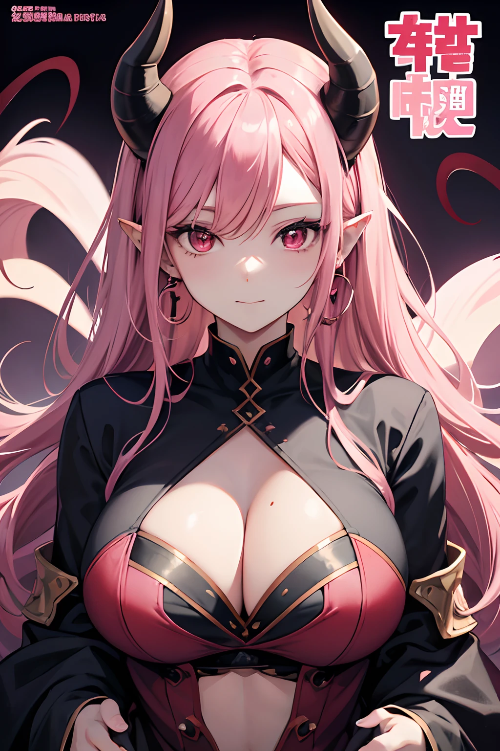 Cover magazine. anime, adult woman, middle aged woman, solo, long hair, pink hair, red eyes, two horn, demon horn, black horn, complex horn, demon woman, model, beautiful, fantasy, Casual clothes. Hair accessories. Unusual hairstyles. Earrings. Greeting. Sharp ears. Big breast. Upper body. Soft smile. Beautiful anime art. Mommy.