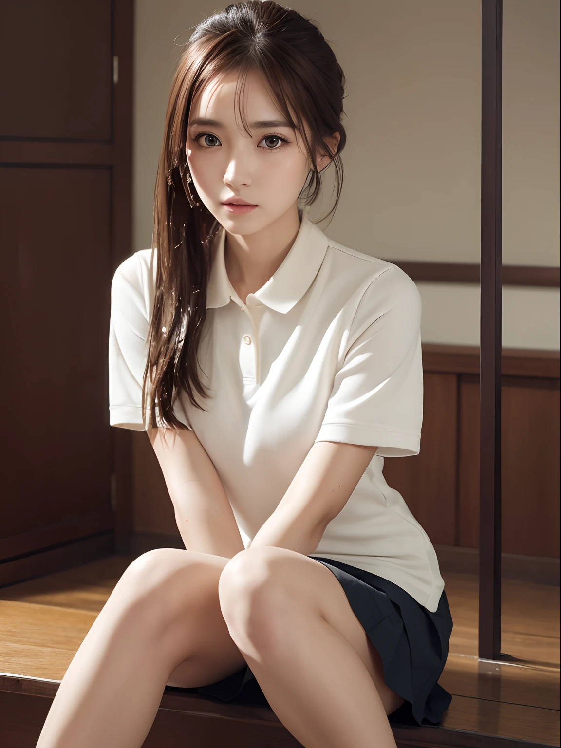 (((masterpiece))), (((best quality))), ((ultra-detailed)), (illustration), (detailed light),((an extremely delicate and beautiful)),(beautiful detailed eyes), BREAK 1girl, solo,(tareme:1.3),(droopy eyes:1.3),BREAK brown hair,ponytail,golf wear,polo shirts,pleated skirt,sitting,beautiful thighs,BREAK ((sweat,wet clothes))