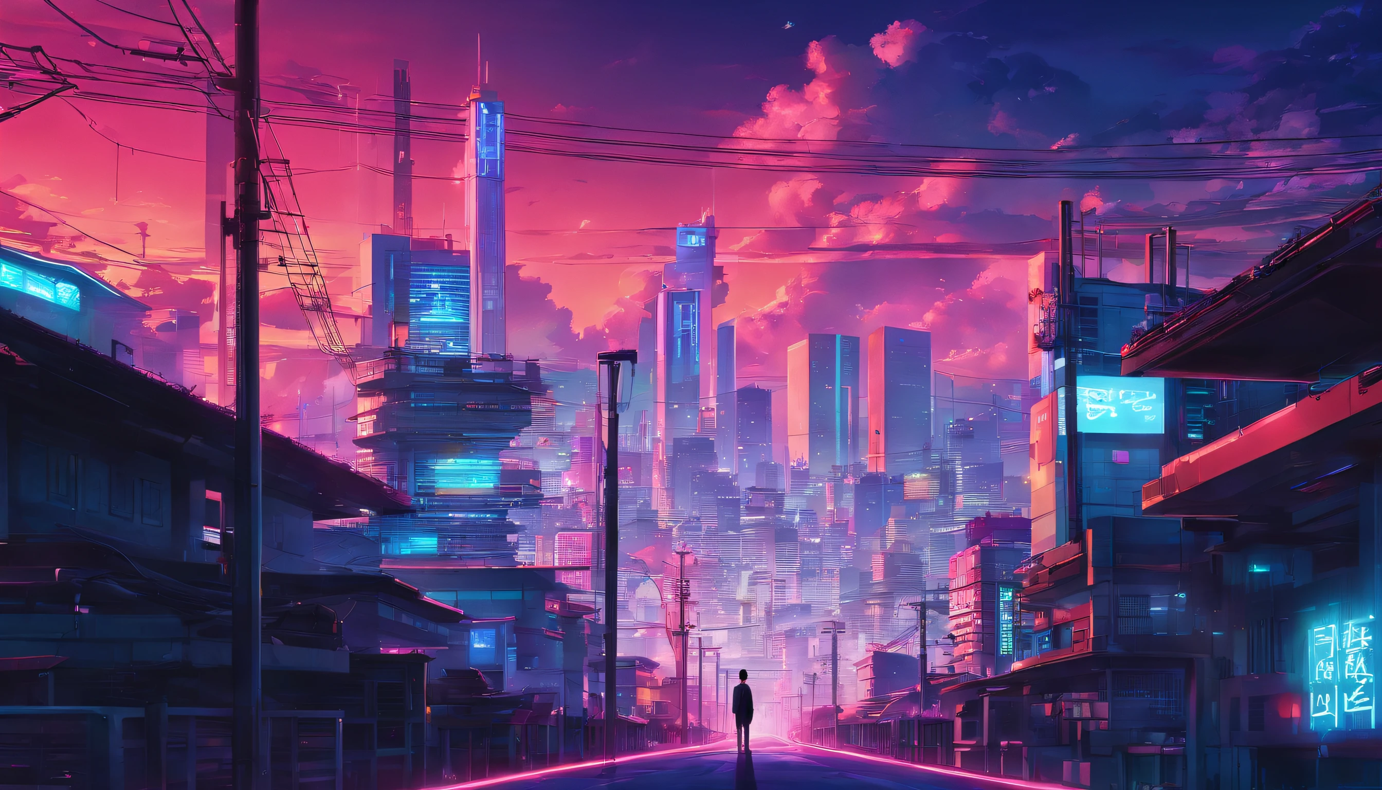 Close-up of the city with neon sunset in the background, Synthwave City, vaporwave city, Synthwave aesthetics, Neon City in the background, Background of Neo Tokyo, Neon metropolis in the background, Futuristic urban background, cyberpunk aesthetics, The city's backstory is cyberpunk, Purple Cyberpunk City, cyberpunk city background, cyberpunk aesthetics, cyberpunk atmosphere, Cyberpunk cityscape,anime clouds, Anime background, anime sky, in style of makoto shinkai, Beautiful puffy clouds. the anime, style of makoto shinkai, makoto sinkai!, beautiful anime scenery, based on Makoto Shinkai, Anime Landscape Wallpaper, makoto sinkai!!, Makoto Shinkai art style,japanaese girl,pale skin,beatiful face(purple hair)red jacket,Tokyo at night, with Cyberpunk style,Japanese streetwear,Tokyo Fashion,In a Cyberpunk 2 jacket 0 7 7,Full-length,attractive pose,Bottom view