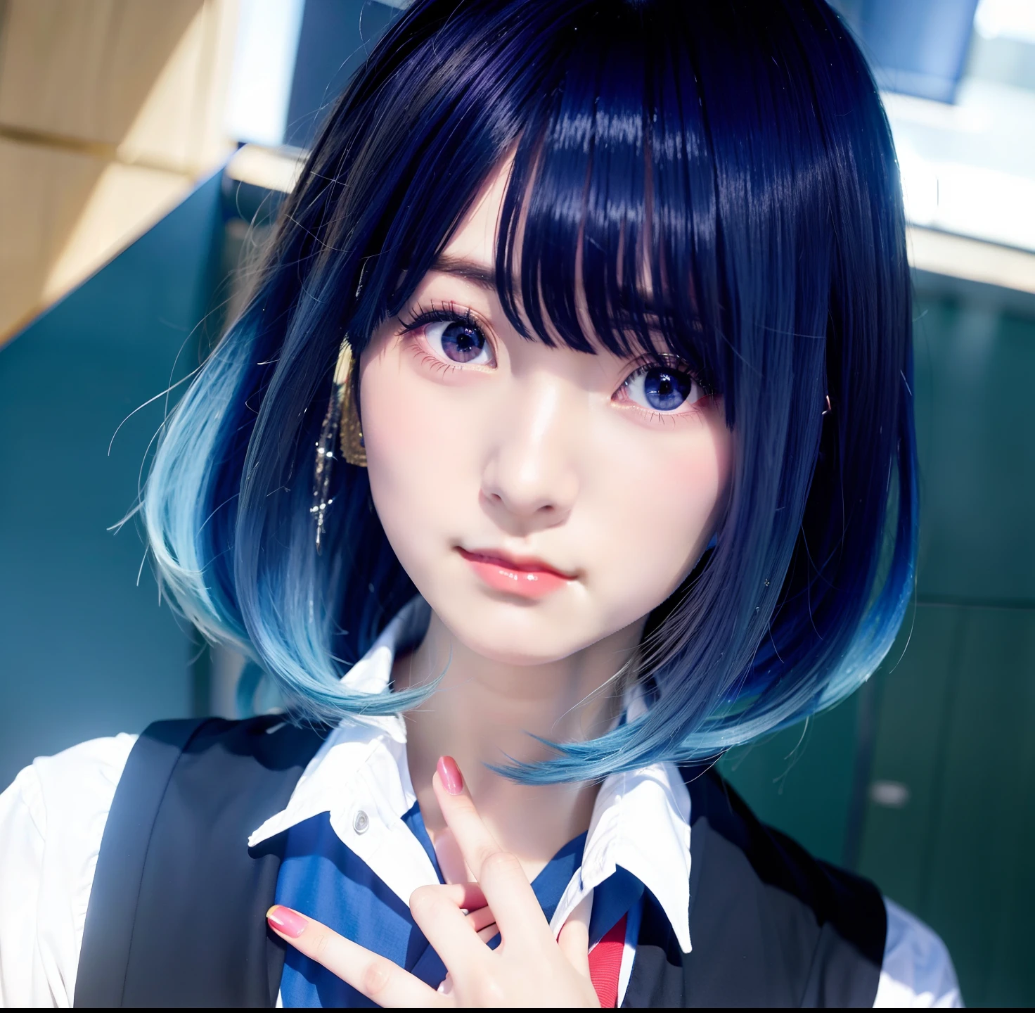 anime girl with blue hair and black vest standing in front of a wall, anime visual of a cute girl, smooth anime cg art, anime moe artstyle, beautiful anime high school girl, anime portrait of shiina ringo, portrait of an anime girl, hana yata, realistic young anime girl, rei hiroe, young anime girl, portrait anime girl