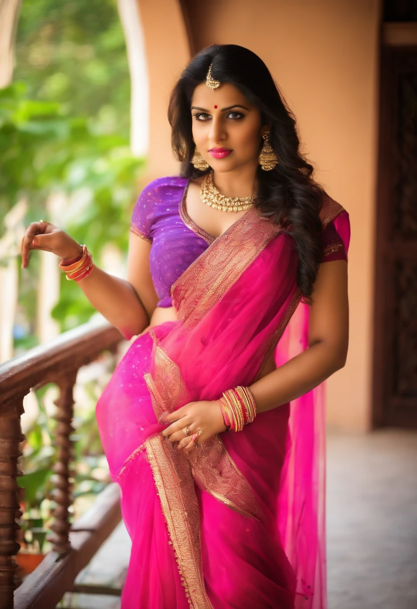 A Delhi North India girl big breast deep cleavage age 24 hot wearing see through pink saree