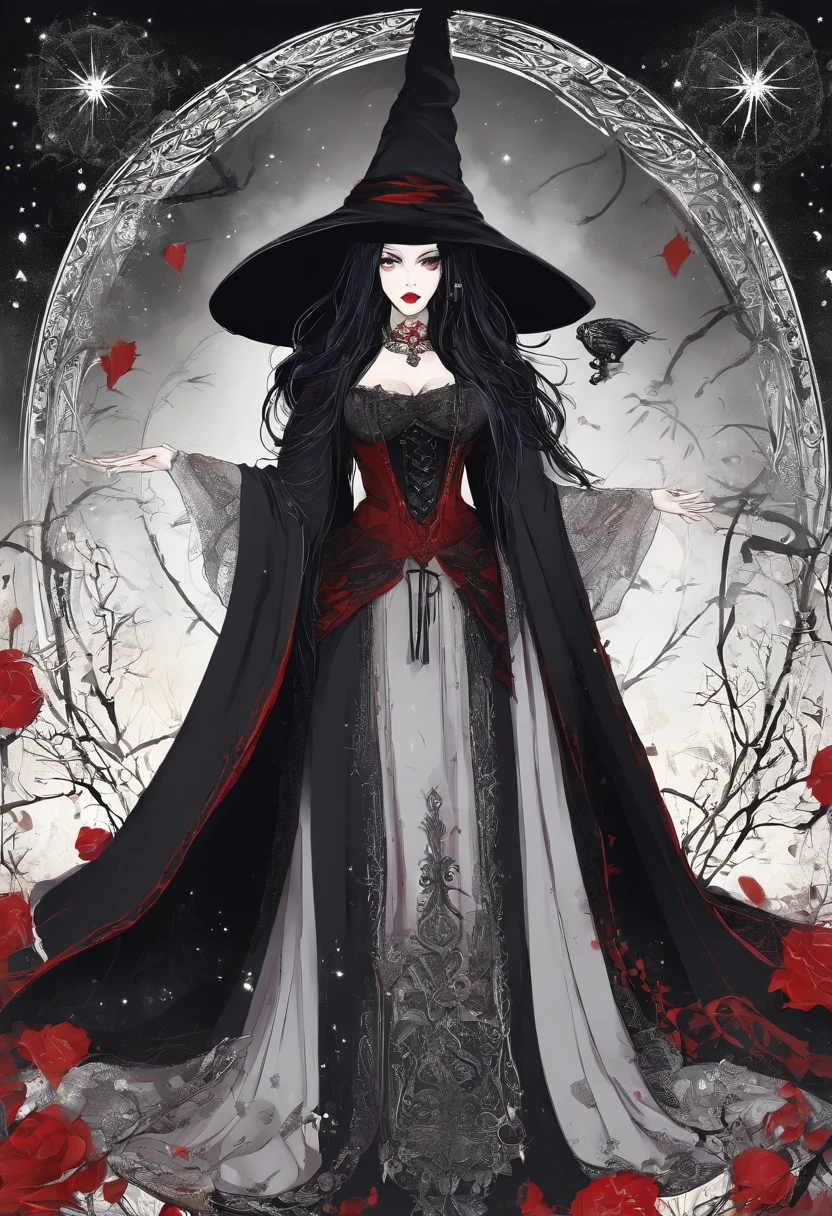 ((masterpiece))、((top-quality))、((Official art))、8K、very detailed illustration、One girl、Gray hair、Long straight hair、Detailed eye、(white background)、simple background、The dim、(Red and Black Gothic Dress 1.2)、((Dracula's daughter))、((deadpan))、Fair skin、(Clear 1.5)、Meek、Clothing、Bewitching、Professional Model Pose