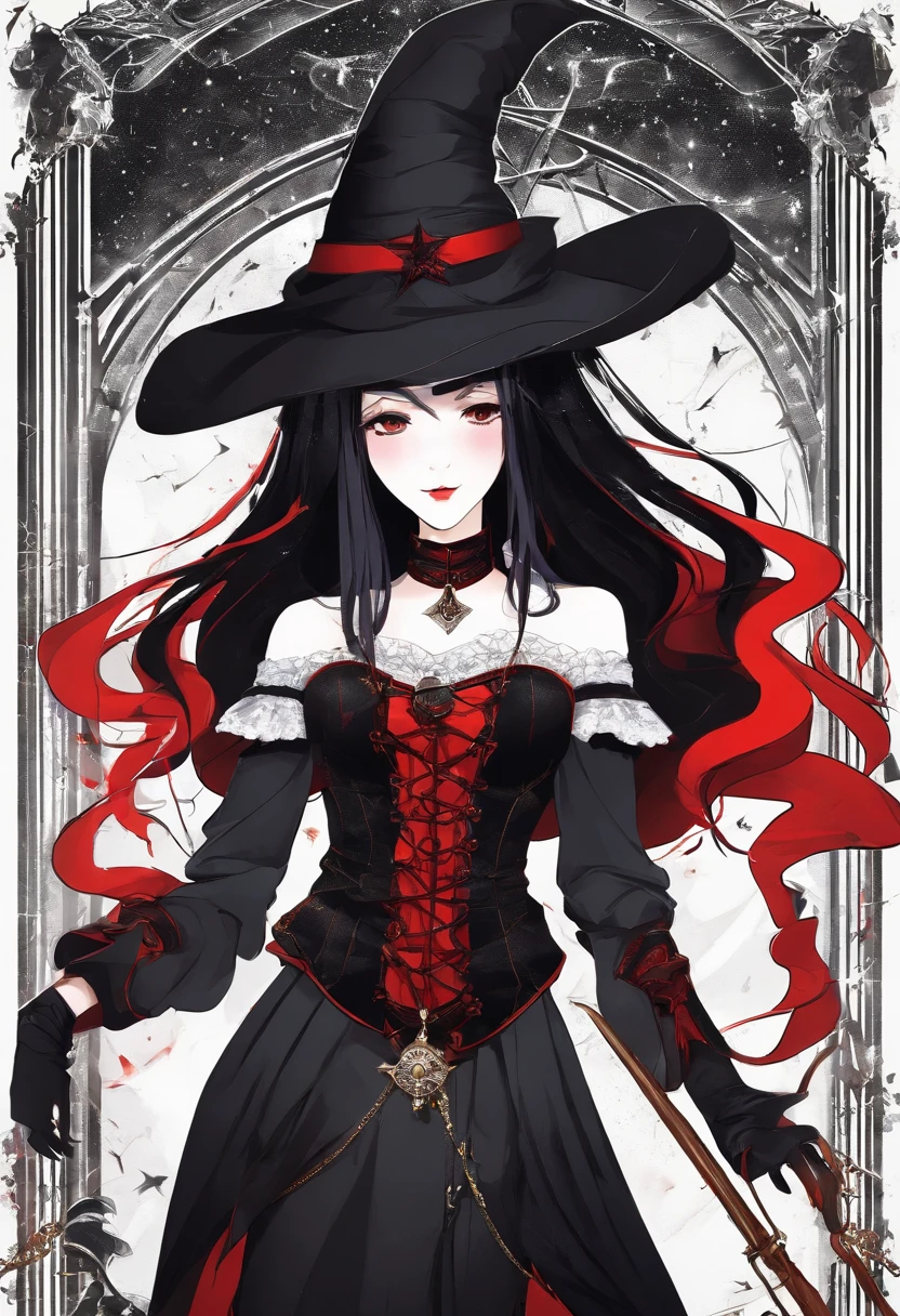 (woman),(long black hair),(pale skin),(mischievous smile),(red lips),(pointy wizard hat),(huge breasts),(perfect waist 0.8),(starry wizard cloak)