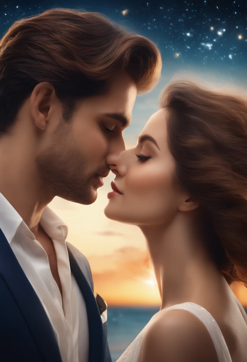 Romantic couple looking at each other in the wind，Boys and girls，glowing stars，Glow effects，Heart-shaped bubbles，the night，On a cruise ship，The face is clear and accurate，detail in face，super-fine，beachside，16K resolution，high qulity，电影灯光，High picture detail，dynamic viewing angle，Detailed pubic hair，Epic shooting，oc rendered