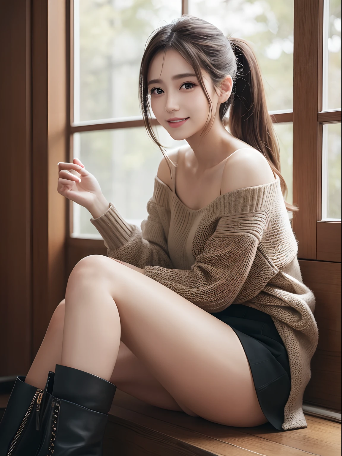 (((masterpiece))), (((best quality))), ((ultra-detailed)), (illustration), (detailed light),((an extremely delicate and beautiful)),(beautiful detailed eyes), BREAK 1girl, solo,(tareme:1.3),(droopy eyes:1.3),BREAK brown,ponytail, Sweater,black skirt,black ankle boots,sitting,beautiful thighs,smile