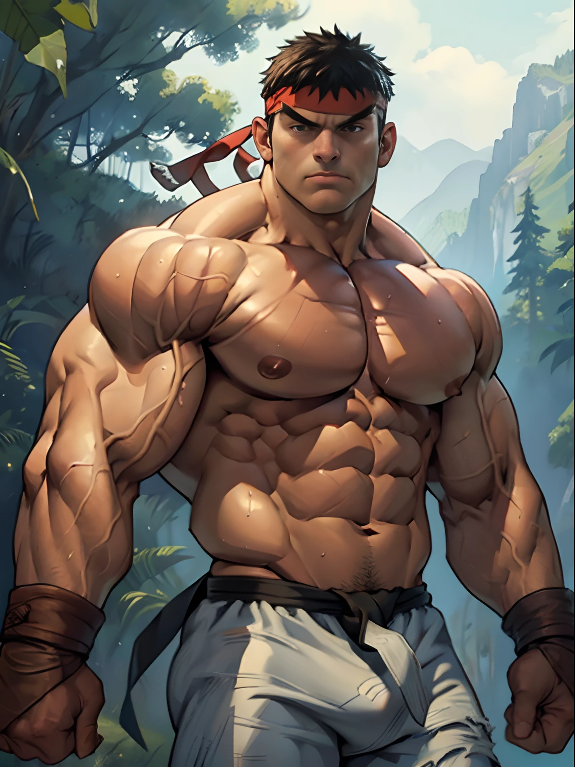 3D Photorealistic, Masterpiece realistic, best high quality, perfect details, RAW Photo, intricate details, nice lighting, 4K, detailed background, (excessive huge muscle:1.6), (huge buff muscle:1.4), (veiny muscle:1.2), ryu from street fighter, fighter, lightning eye, well built abs, muscular , nipple, sweat, steam, red glove, posing, (look at viewer:1.2), huge bulge, fighting pose