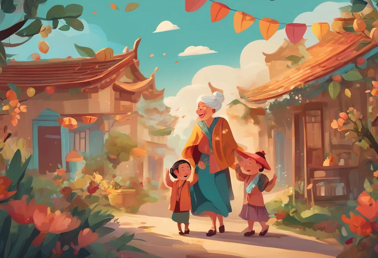 Chongyang Festival Respect for the Elderly，Grandmother，Mom and child laugh together，Cartoon pictures Normal background, A beautiful artwork illustration, Colorful illustration, colorful kids book illustration, Colorful illustrations, archan nair, painting illustration, fairy-tale illustration style, editorial illustration colorful, colorful concept art, dreamlike illustration, Colorful!Character design, Wonderful illustrations, illustrated in whimsical style, Exquisite digital illustration