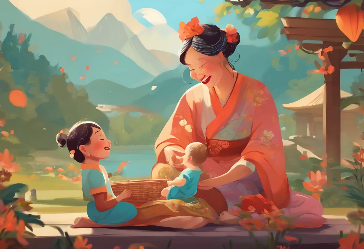 Chongyang Festival Respect for the Elderly，Grandmother，Mom and child laugh together，Cartoon pictures Normal background, A beautiful artwork illustration, Colorful illustration, colorful kids book illustration, Colorful illustrations, archan nair, painting illustration, fairy-tale illustration style, editorial illustration colorful, colorful concept art, dreamlike illustration, Colorful!Character design, Wonderful illustrations, illustrated in whimsical style, Exquisite digital illustration
