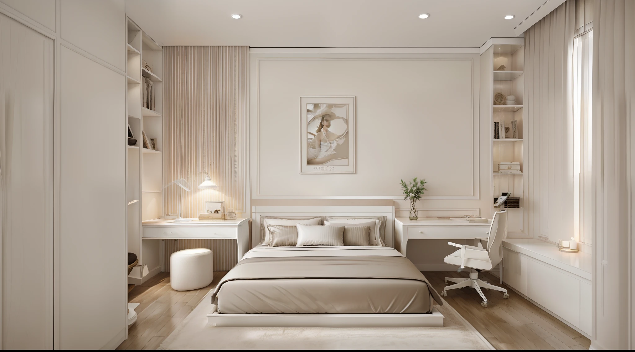 best quality, master picece, hyper detail, supper detail, best realistic, (classical bedroom, beautiful lighting, shimmering)|[dreamy:1.2+airy:0.9],((whiten tone:1.5)), (hoi an old city themeposter on head bed )))