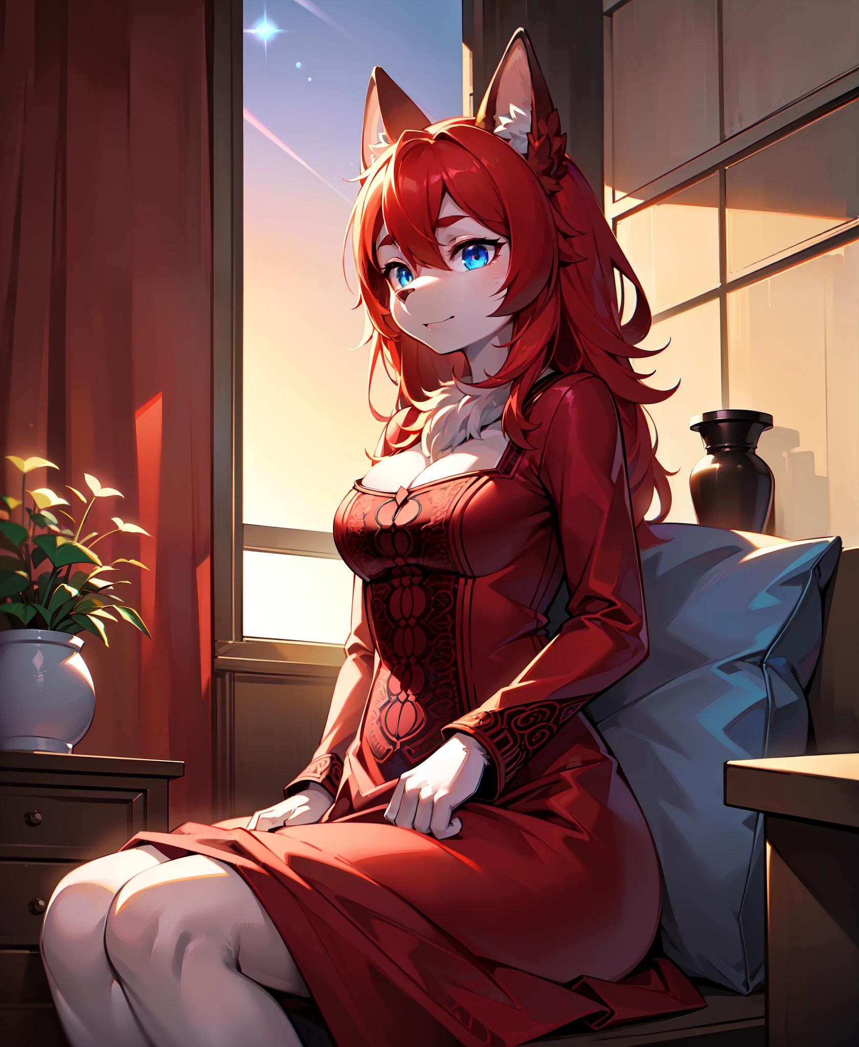 (best quality, highest quality, digital art, intricate, highres, 8k, anthropomorphic, furry, uploaded_on_e621:1.4), beautiful mature female anthro, furry, fuzzy, red dress, furry body, red fur, white fur, detailed body fur, detailed face, beautiful blue eyes, snout, masterpiece, best quality, absurdres, hdr, cinematic lighting, high contrast, subsurface scattering, bloom, chromatic aberration, lens flare, a1 pictures style, pixar style, by sam yang, by Daniel Bel, by Paula Lucas