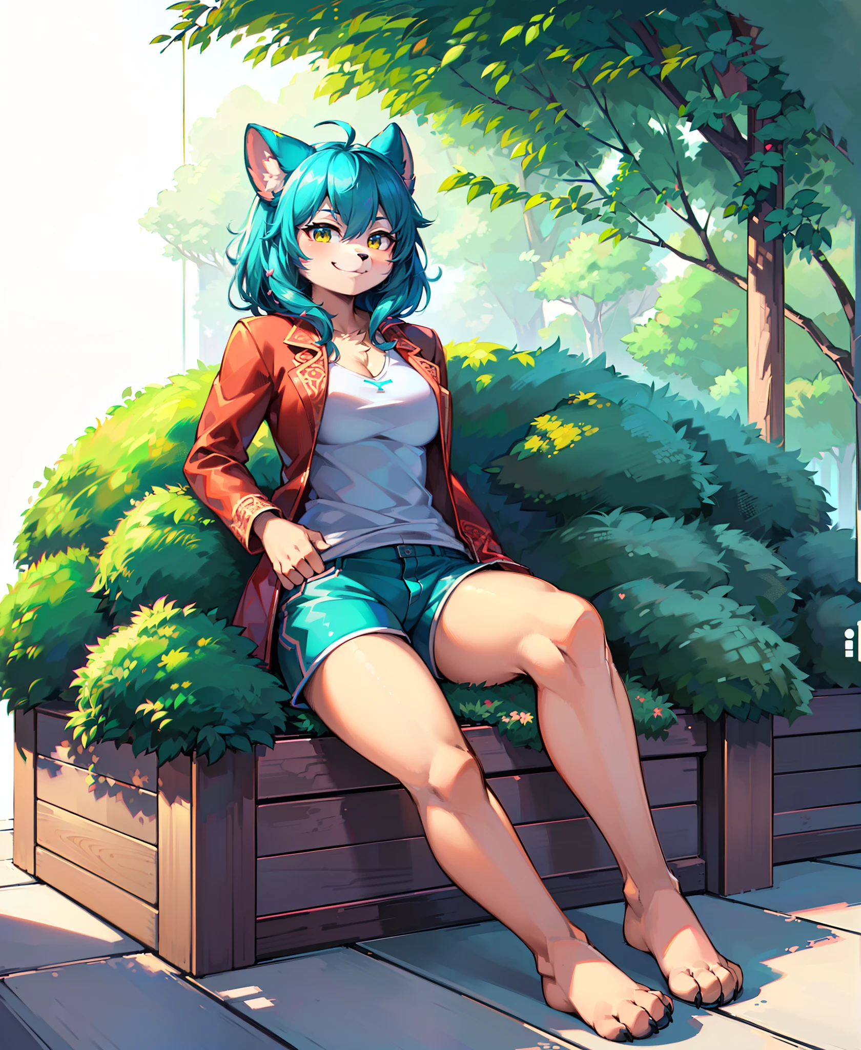 (best quality, highest quality, digital art, intricate, highres, 8k, anthropomorphic, furry, uploaded_on_e621:1.4), michiru, michiru kagemori (brand new animal), 1girl, green shorts, white shirt, red jacket, simple background, looking at viewer, smirking, love hearts, seductive pose,