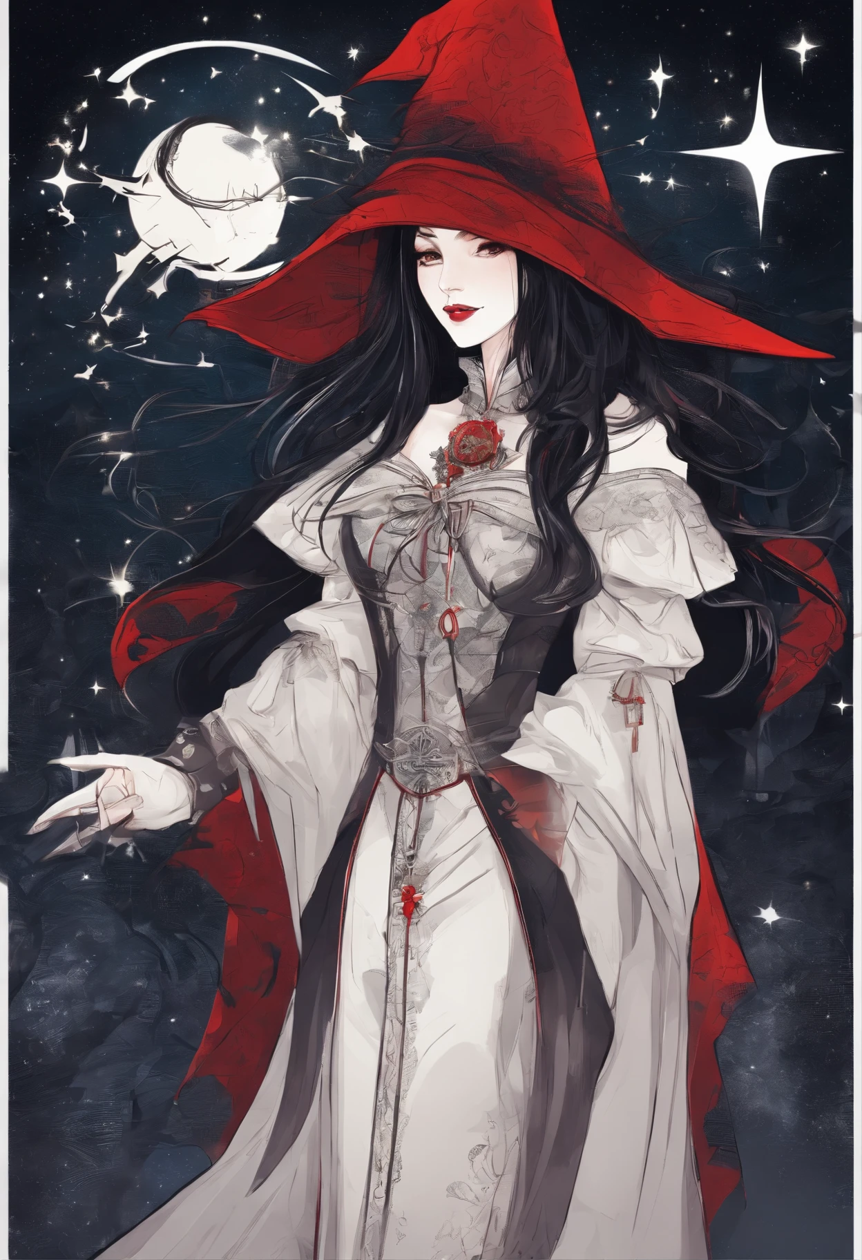 (woman),(long black hair),(pale skin),(mischievous smile),(red lips),(pointy wizard hat),(huge breasts),(perfect waist 0.8),(starry wizard cloak)