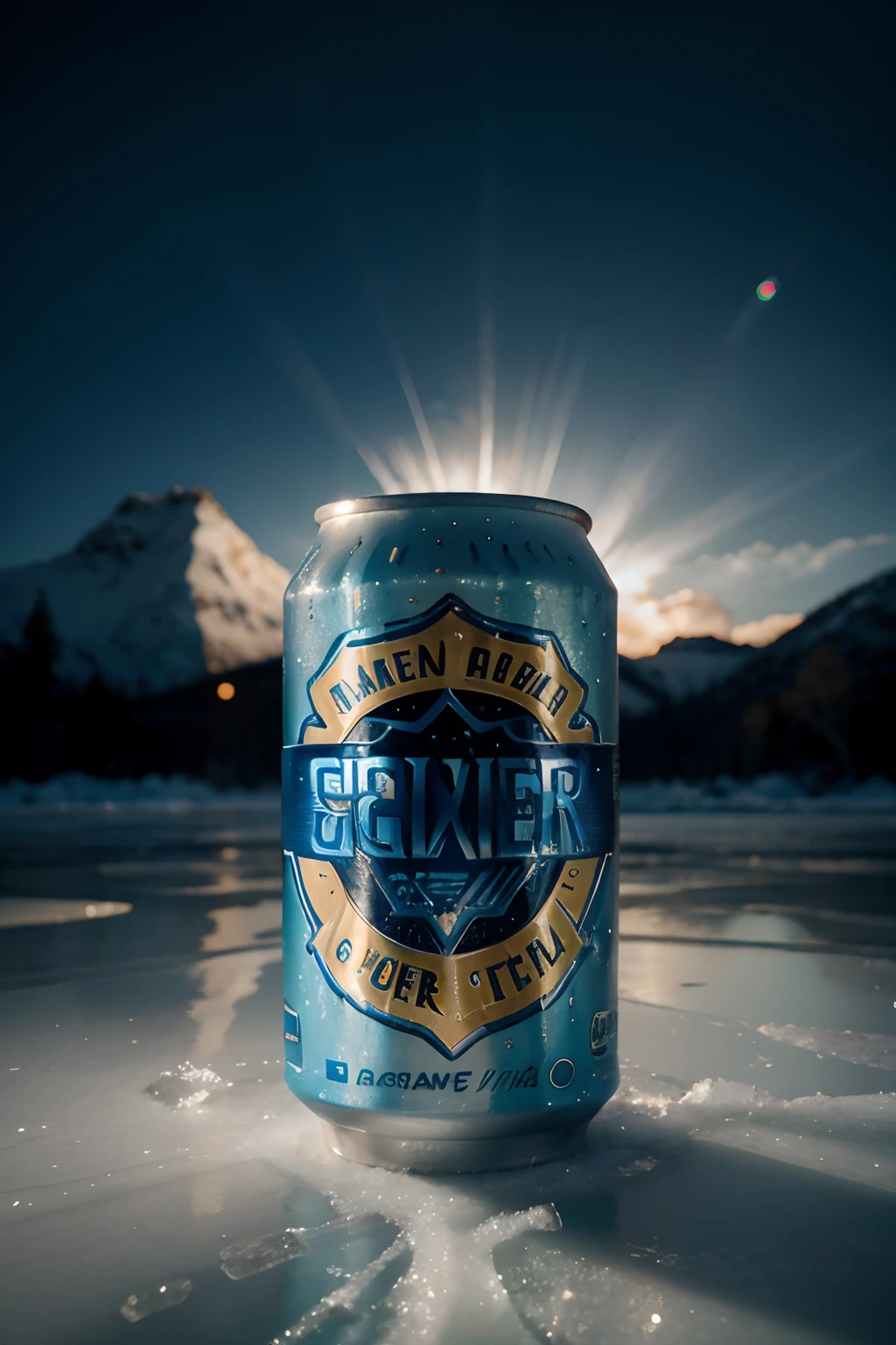 Uma lata de cerveja, On an icy surface, com exuberantes e maravilhosos cubos de gelo, Realistic photo, epics, Advertising composition, iluminado com 03 pontos de luz, fotografado com PhaseOne IQ180 com uma lente 24, Hero Shooting Display, Cinematic Color Grading --AR3:4 --s 1000