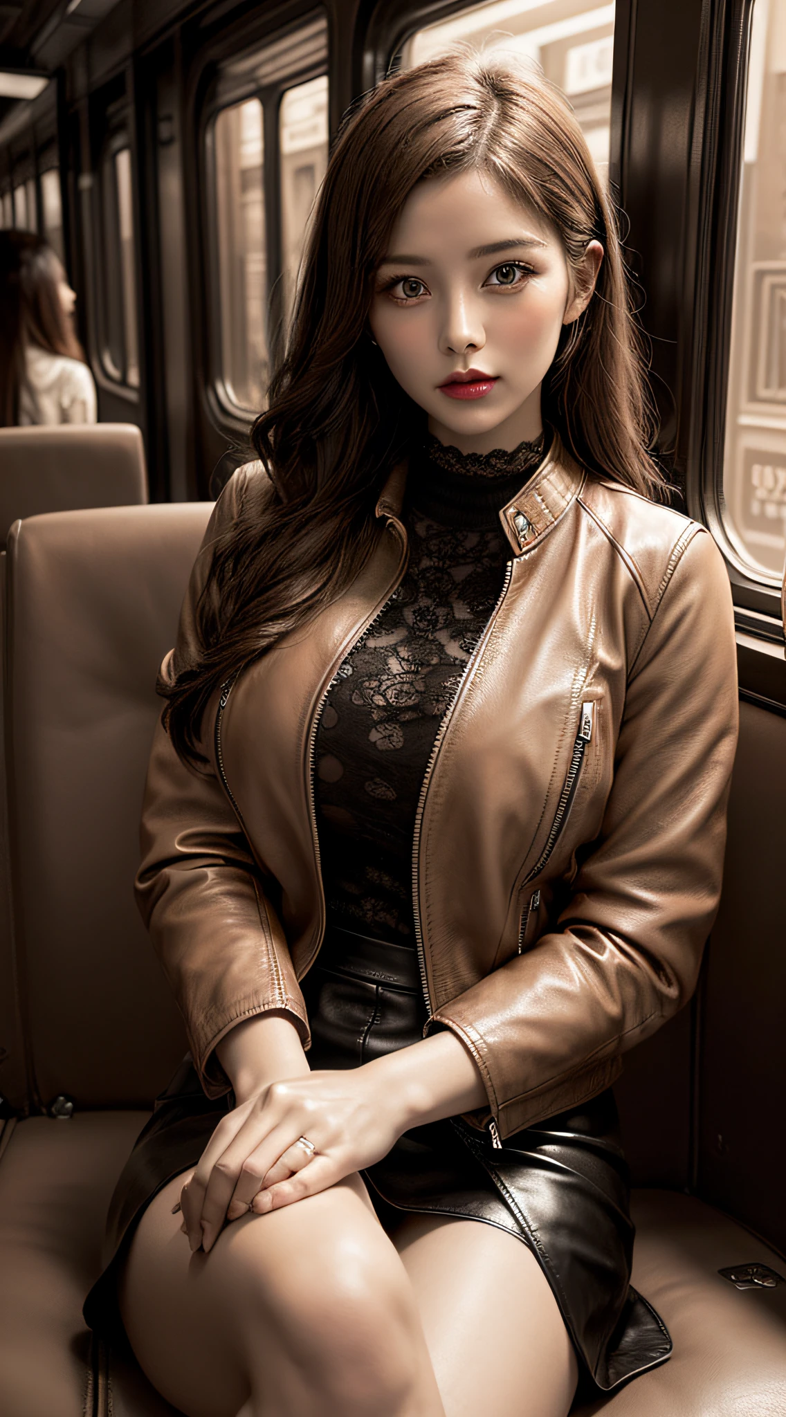 1girl, Beautiful, Amazing face and eyes, makeup, red gloss lips, (extremely detailed beautiful face), (sexiest look), (Beautiful big breasts), (leather jacket, Tight Skirt, knee high:1.2), (Best Quality:1.4), (Ultra-detailed), (extremely detailed CG unified 8k wallpaper), Highly detailed, RAW Photos, Professional Photography, crowded train, Sitting, (Spread your legs), (sheer lace panties), Scenery like a scene from a movie, (Stylish sepia photo:1.5)