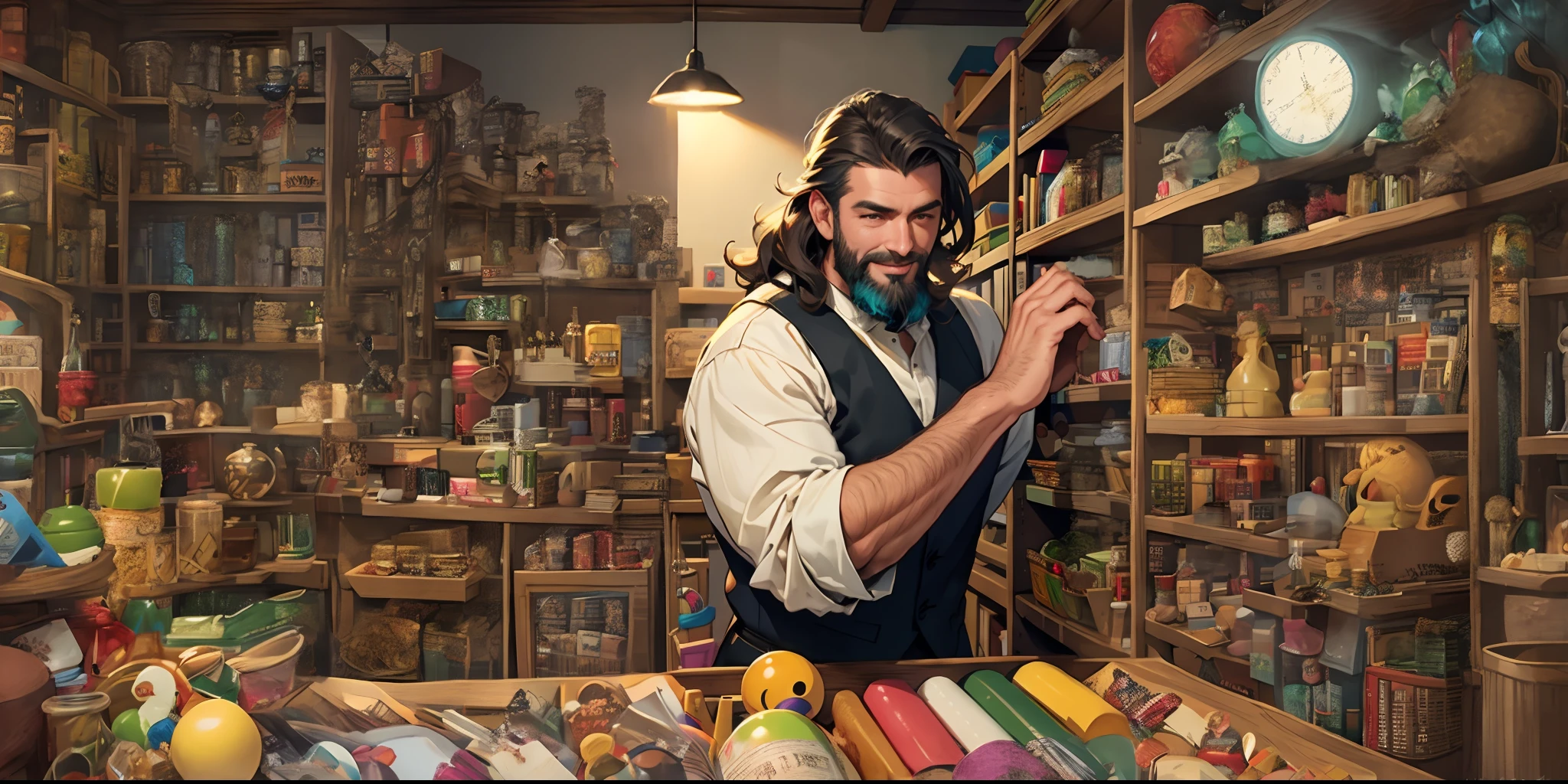 There's a long-haired, bearded man standing in a room with toys, retrato do livro do RPG, rob rey and kentarõ miura style, Stanely Artgerm, Artgerm e Genzoman, male artificer, fantasy art smug smile man, retrato detalhado do caractere, Estilo Ivan Talavera e Artgerm