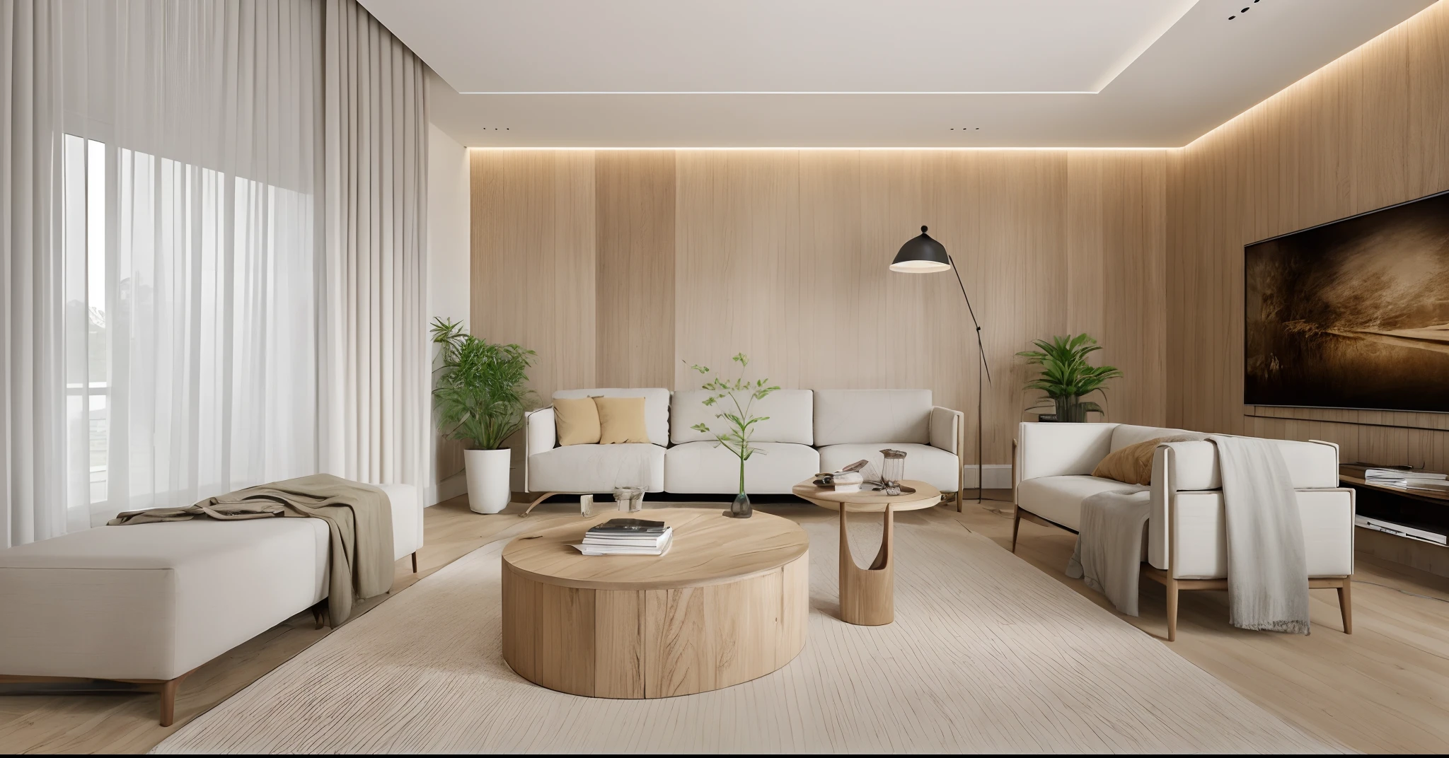 minimalist livingroom interior design, wood floor, rug, luxurious sofa, lamp, picture frame, wooden cabinet, white curtain, white ceiling, (masterpiece), realistic, high quality, softlight, natural contrast, scenery,(luxury), potted plant