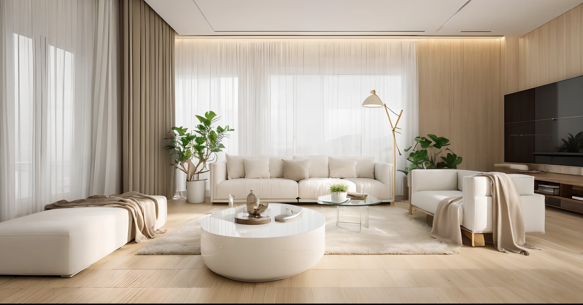 minimalist livingroom interior design, wood floor, rug, luxurious sofa, glass door, lamp, picture frame, wooden cabinet, white curtain, white ceiling, (masterpiece), realistic, high quality, softlight, natural contrast, scenery,(luxury), potted plant