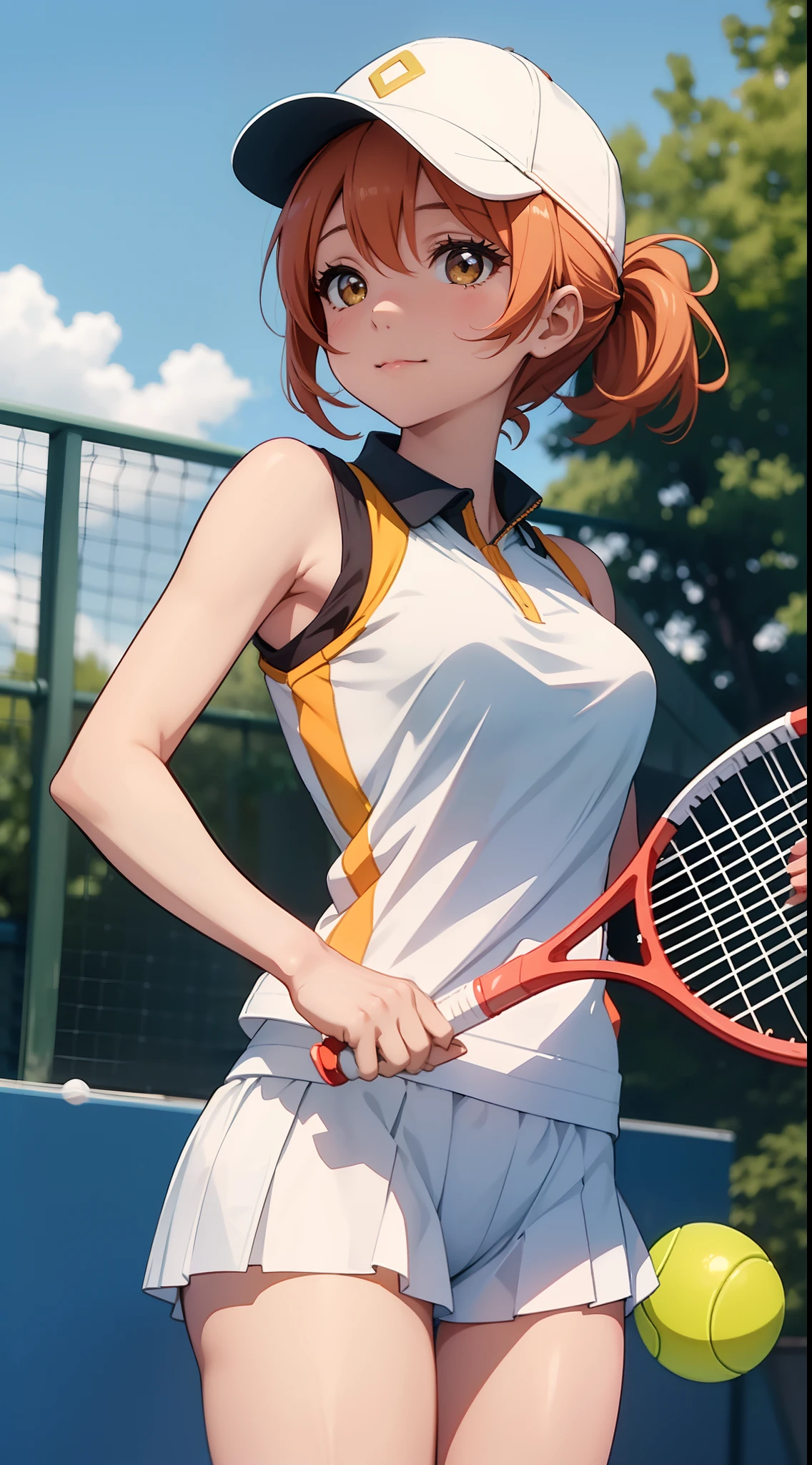 Hoshizora rin, bangs, beautiful, beautiful woman, perfect body, perfect breasts, wearing a tennis outfit, wearing a tennis hat, being on the tennis court, holding a tennis racket, looking at the audience, a slight smile, masterpiece, textured leather, super detailed, high detail, high quality, best quality, 1080p, 16k