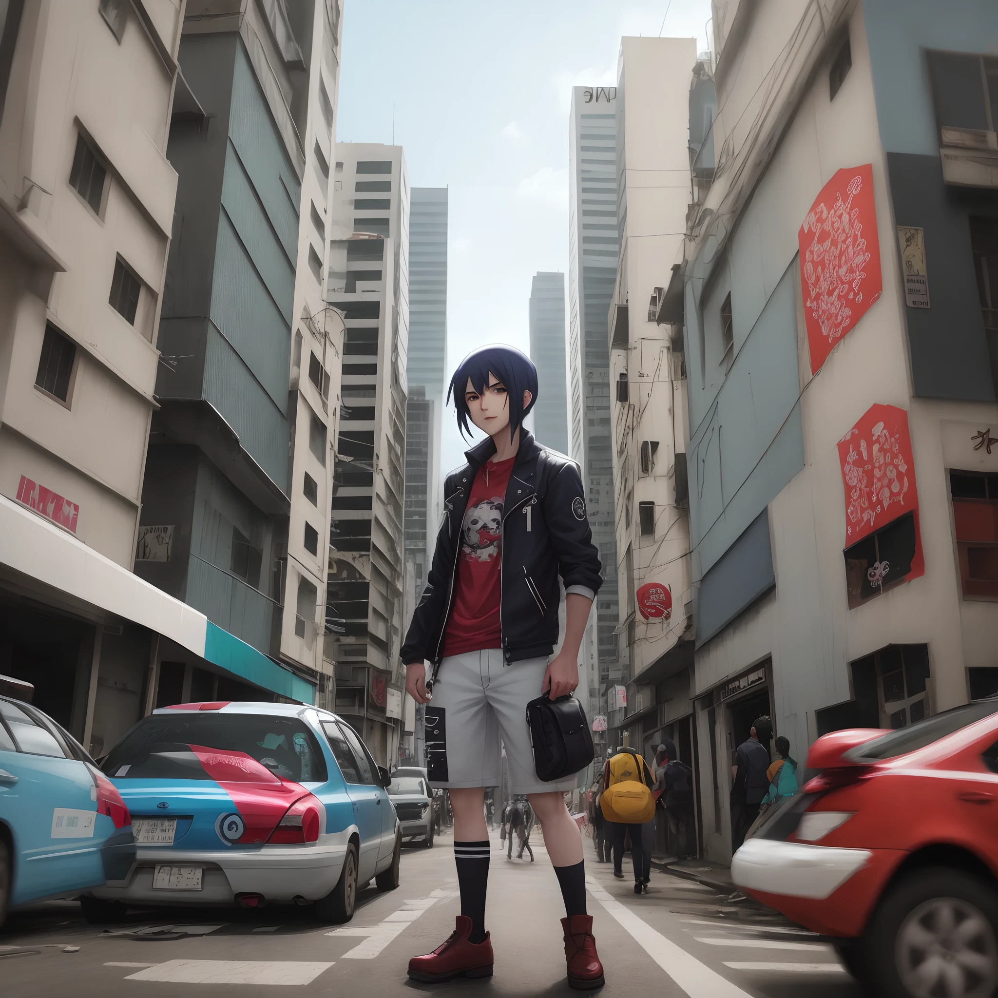Anime character in a chaotic city in Brazil