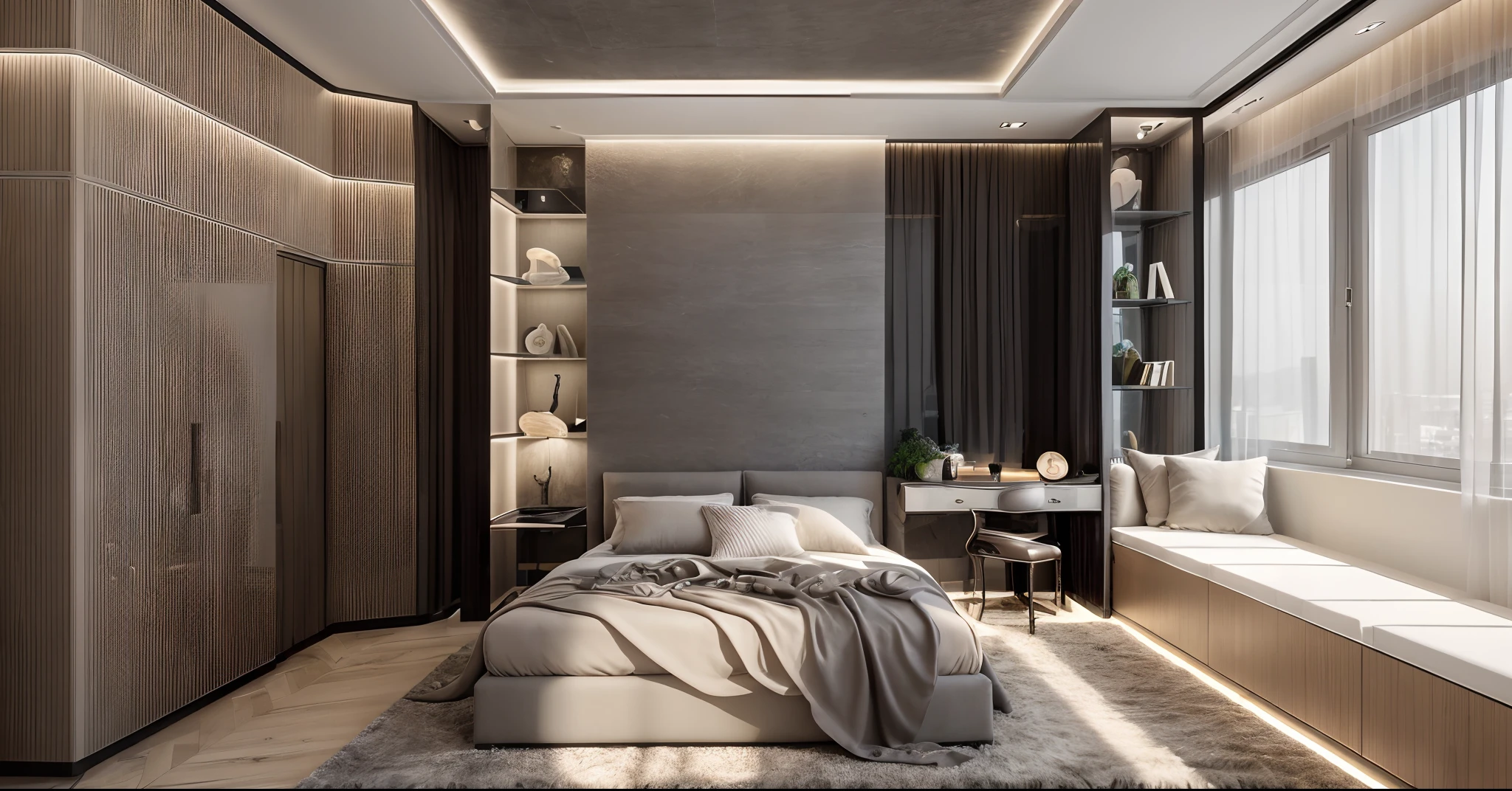 in the night, nice lighting,
luxurious bedroom interior design, luxury interior, luxurious bed,tufted carpet, large glass window with gray drapes, natural light, softlight, (flat white ceiling),masterpiece, realistic, high quality, potted plants