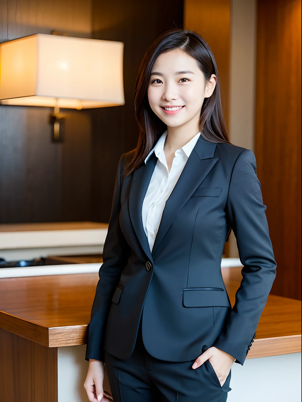 Natural light, girl standing and smiling at hotel front desk in hotel black suit, (best quality, masterpiece: 1.2)